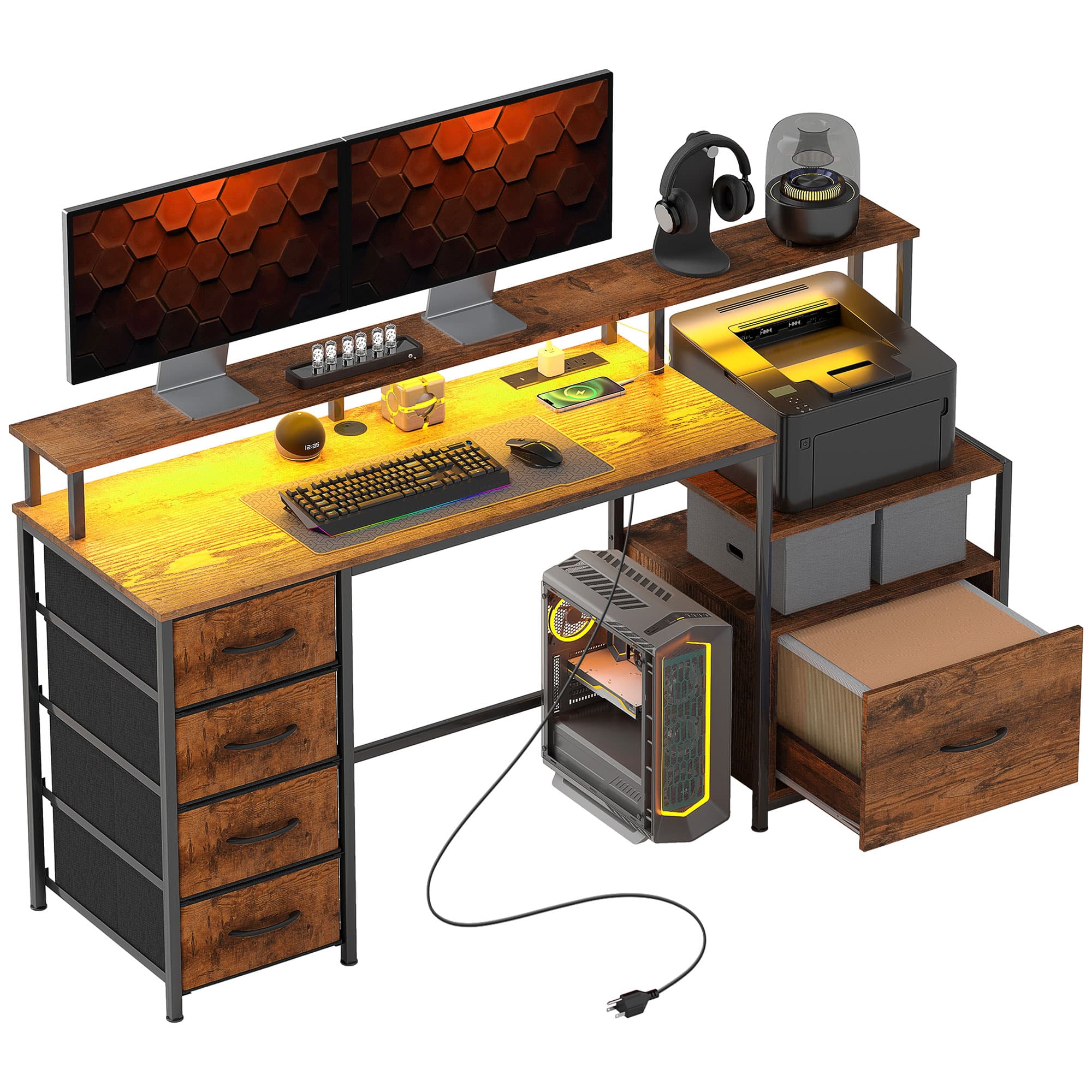 Alt View 1. Homcom - 59" Gaming Desk, Reversible Computer Desk with Monitor Stand and 4-Tier Storage Shelves - Brown.