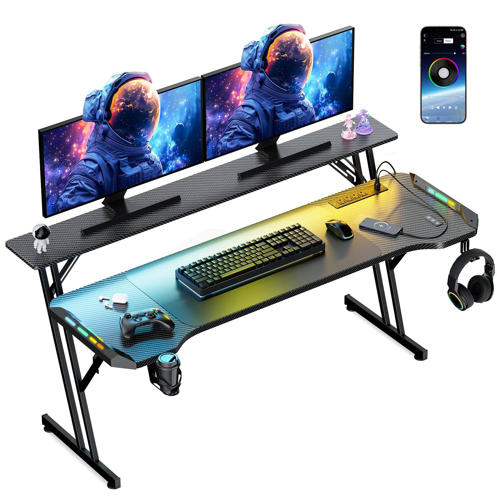 Front. Hirose Alice - Gaming Desk Smart Computer Gamer With Led Lights & Mouse Pad Table Power Outlet Monitor Stand Side Hook Work - 63 Inch.