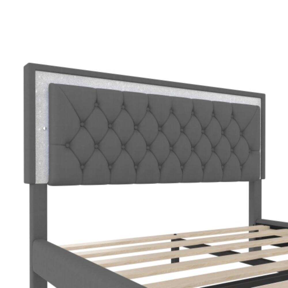 Alt View 2. LUCKY ONE - Queen Size Upholstered Bed Frame with LED Lights, Velvet Platform Bed with Tufted Headboard, Wood Slats - Gray.