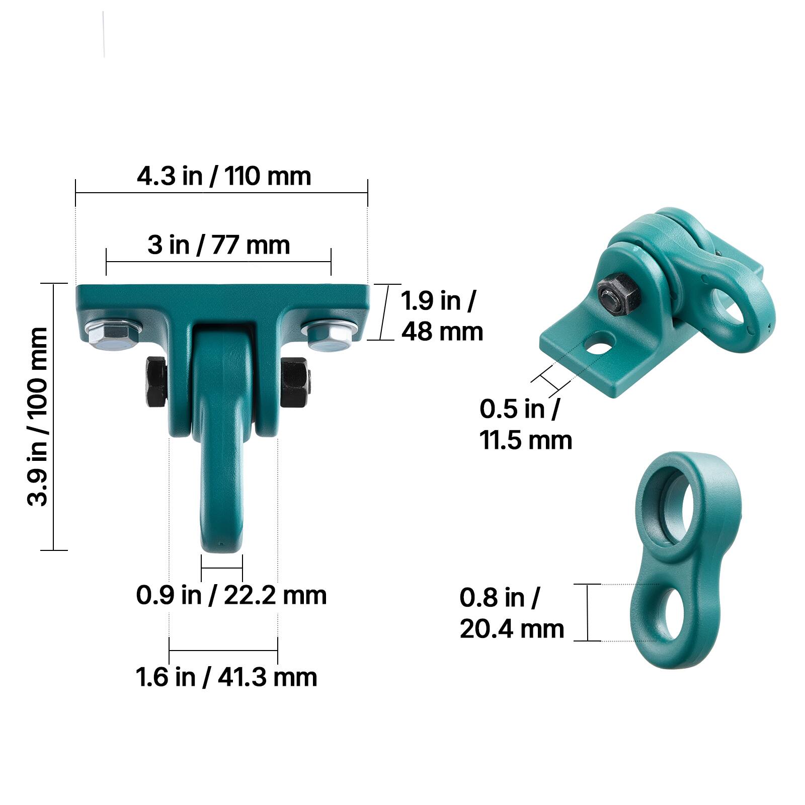 4.3 in / 110 mm  
3 in / 77 mm  
3.9 in / 100 mm  
0.9 in / 22.2 mm  
1.6 in / 41.3 mm  
1.9 in / 48 mm  
0.5 in / 11.5 mm  
0.8 in / 20.4 mm