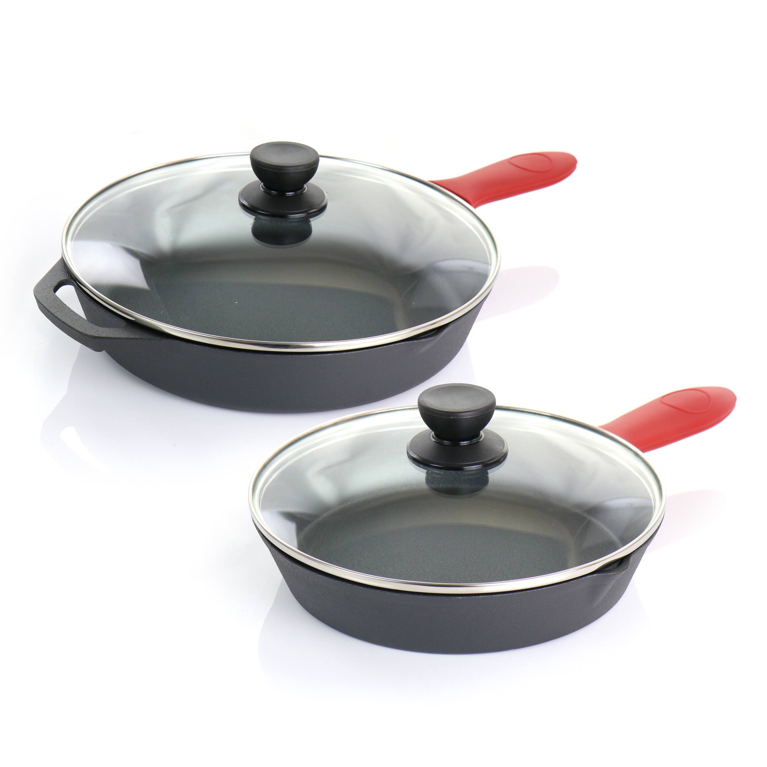 Alt View 4. MegaChef - MegaChef Pre-Seasoned 6 Piece Cast Iron Skillet Set with Lids and Red Silicone Holders - Black and Red.