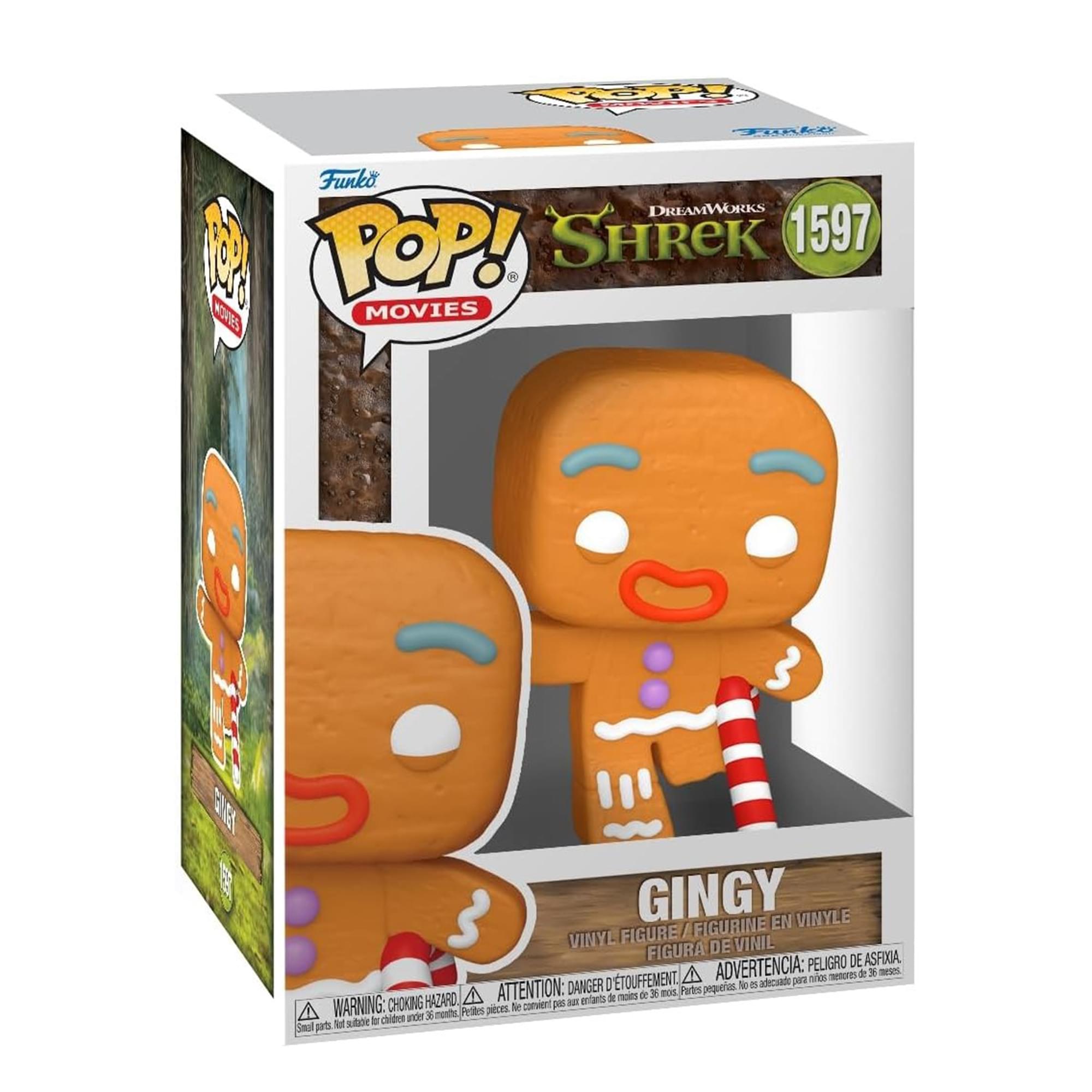 Funko POP! Movies  
DreamWorks Shrek 1597  
Gingy  

Vinyl Figure / Figurine en Vinyle / Figura de Vinilo  

Warning: Choking Hazard - Small parts. Not for children under 3 years.  
Attention: Danger de suffocation - Petites pièces. Ne convient pas aux enfants de moins de 3 ans.  
Advertencia: Peligro de asfixia - Piezas pequeñas. No es adecuado para niños menores de 3 años.