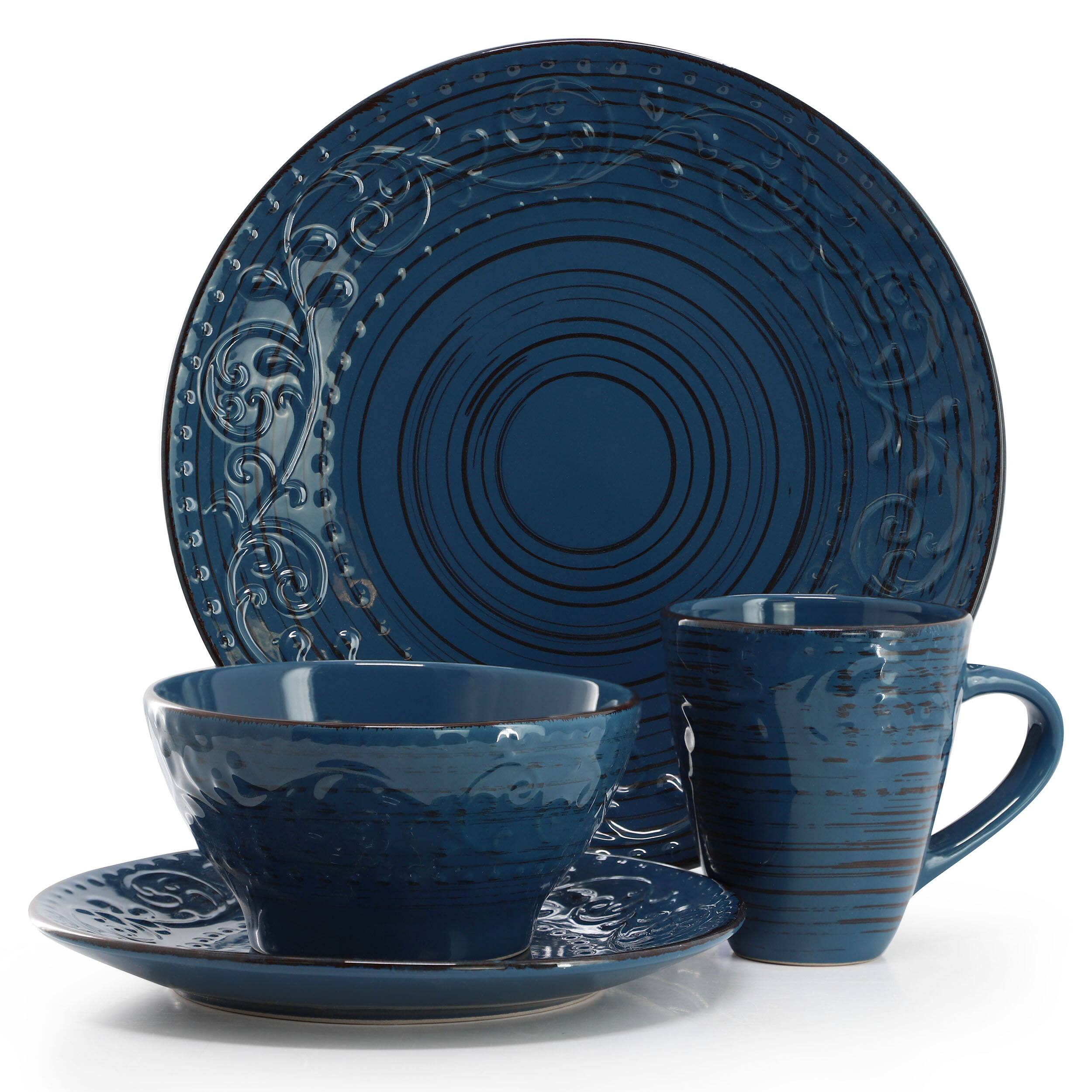 Elama - Malibu Deep Ocean 16-Piece Stoneware Dinnerware Set - Dark Blue - Thumbnail 2