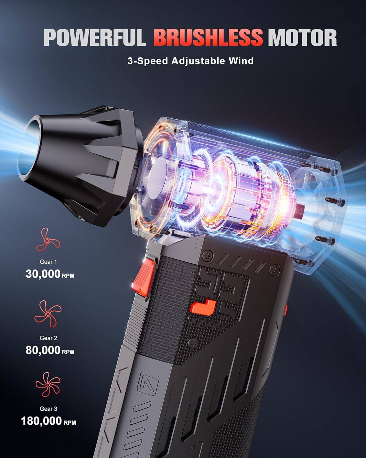 POWERFUL BRUSHLESS MOTOR  
3-Speed Adjustable Wind  

Gear 1: 30,000 RPM  
Gear 2: 80,000 RPM  
Gear 3: 180,000 RPM