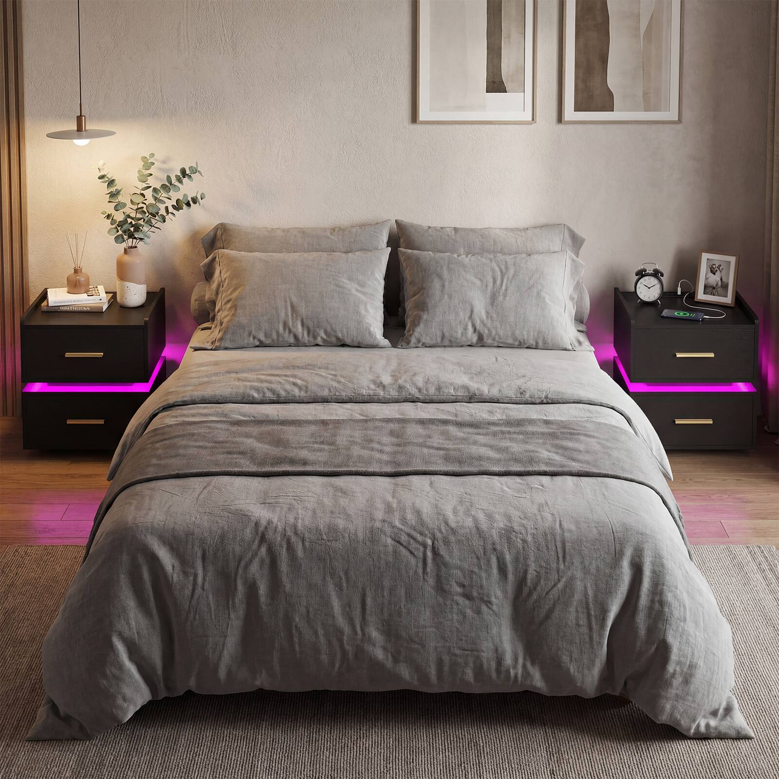 Alt View 3. Costway - Costway 1 PCS Nightstand with Charging Station,LED Bedside Table with 2 Storage Drawers - Black.