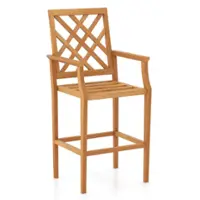 Costway 1 PCS Patio Teak Wood Bar Stool with Ergonomic Backrest Armrests & Footrest Outdoor - Natural - Front_Zoom