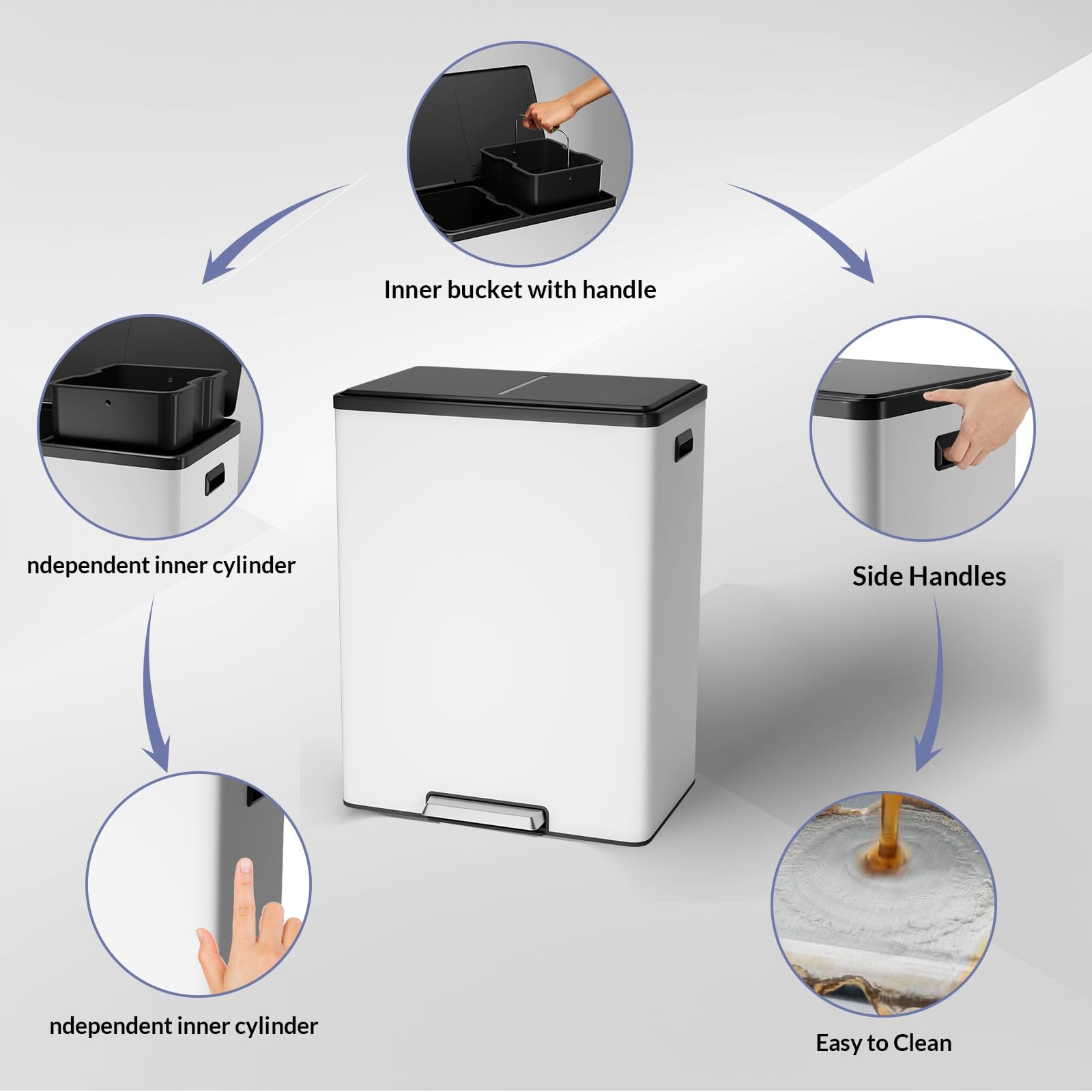 - Inner bucket with handle
- Independent inner cylinder
- Side Handles
- Independent inner cylinder
- Easy to Clean