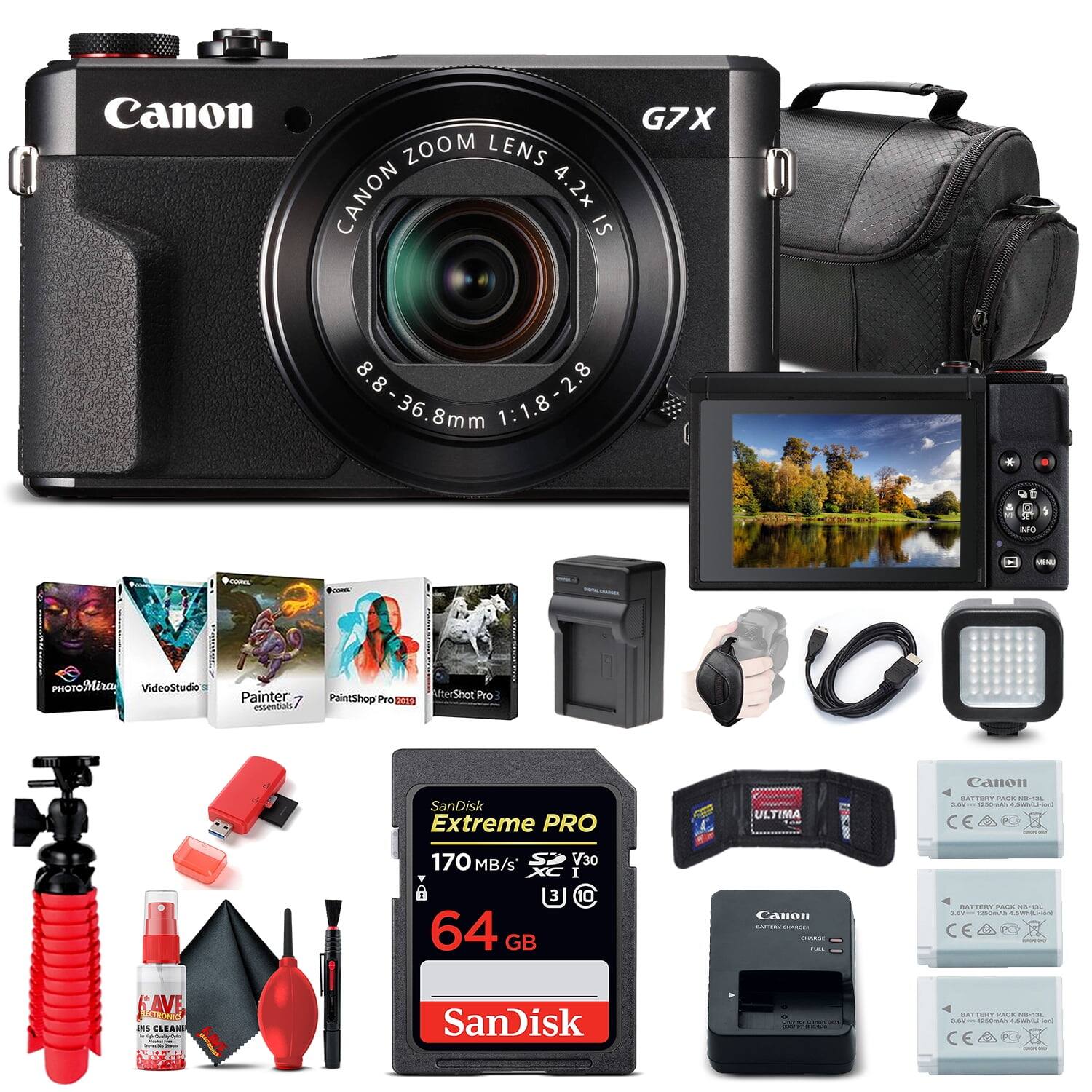 Canon G7X  
Canon Zoom Lens 4.2x IS 8.8-36.8mm 1:1.8-2.8  
SanDisk Extreme PRO 64GB 170MB/s V30  
Canon Battery Pack LP-E12  
Canon Battery Charger CB-2LI  
Canon USB Cable  
SanDisk Ultra SD Card Reader  
SanDisk Ultra SD Card  
Canon Camera Bag  
Canon Camera Strap  
Canon Camera Cleaning Kit  
PhotoMelia  
VideoStudio Pro  
Painter 7  
PaintShop Pro X9  
AfterShot Pro 3  
Canon CE  
Fave Autolead  
SanDisk CE