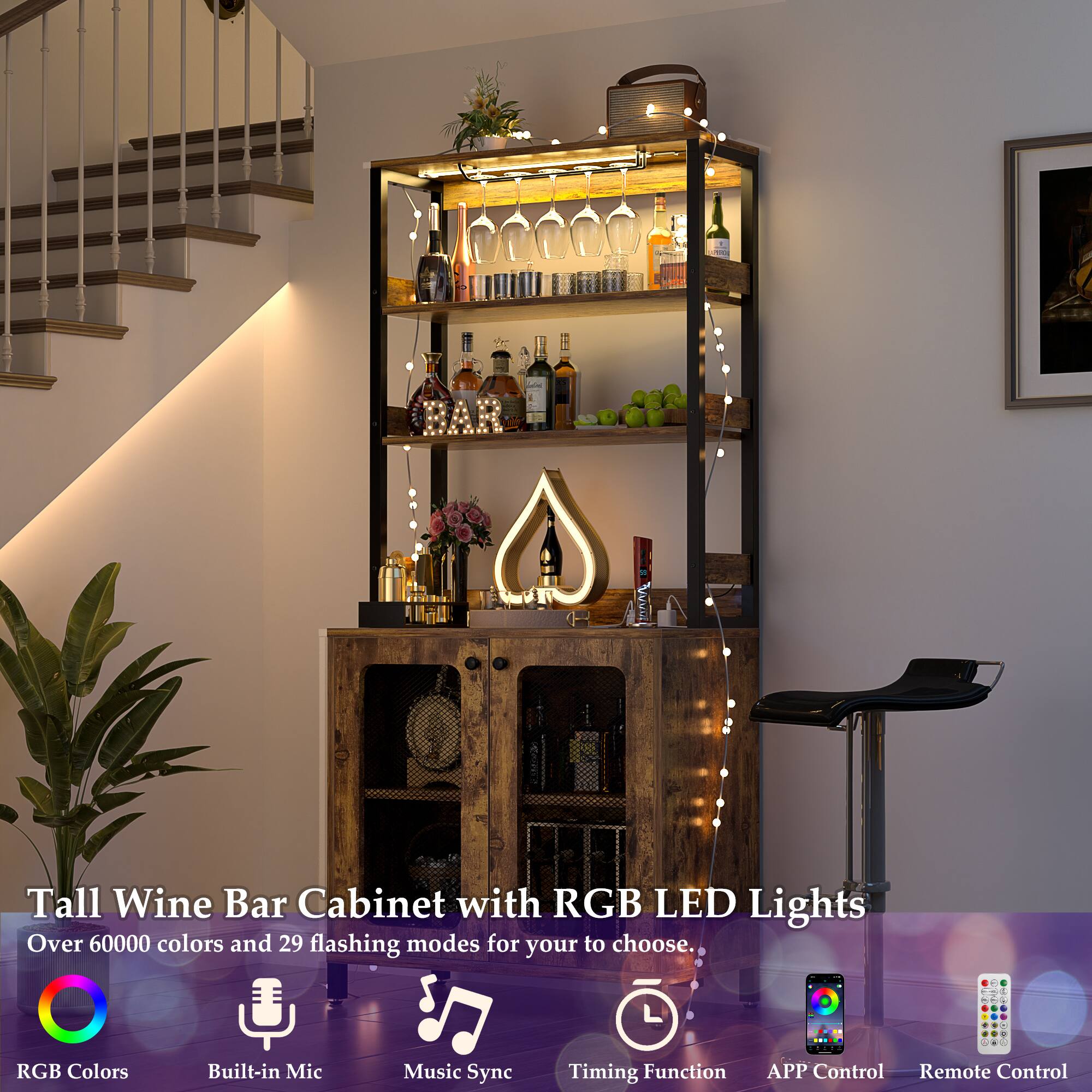 Tall Wine Bar Cabinet with RGB LED Lights  
Over 60000 colors and 29 flashing modes for you to choose.  

RGB Colors  
Built-in Mic  
Music Sync  
Timing Function  
APP Control  
Remote Control