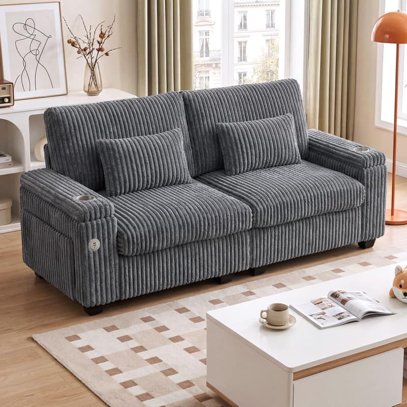 Dyonery - 91" Love Seat Sofa Couch with Storage Armrest and USB Type-C Charging Port, Comfy Corduroy Loveseat Couches. - Gray
