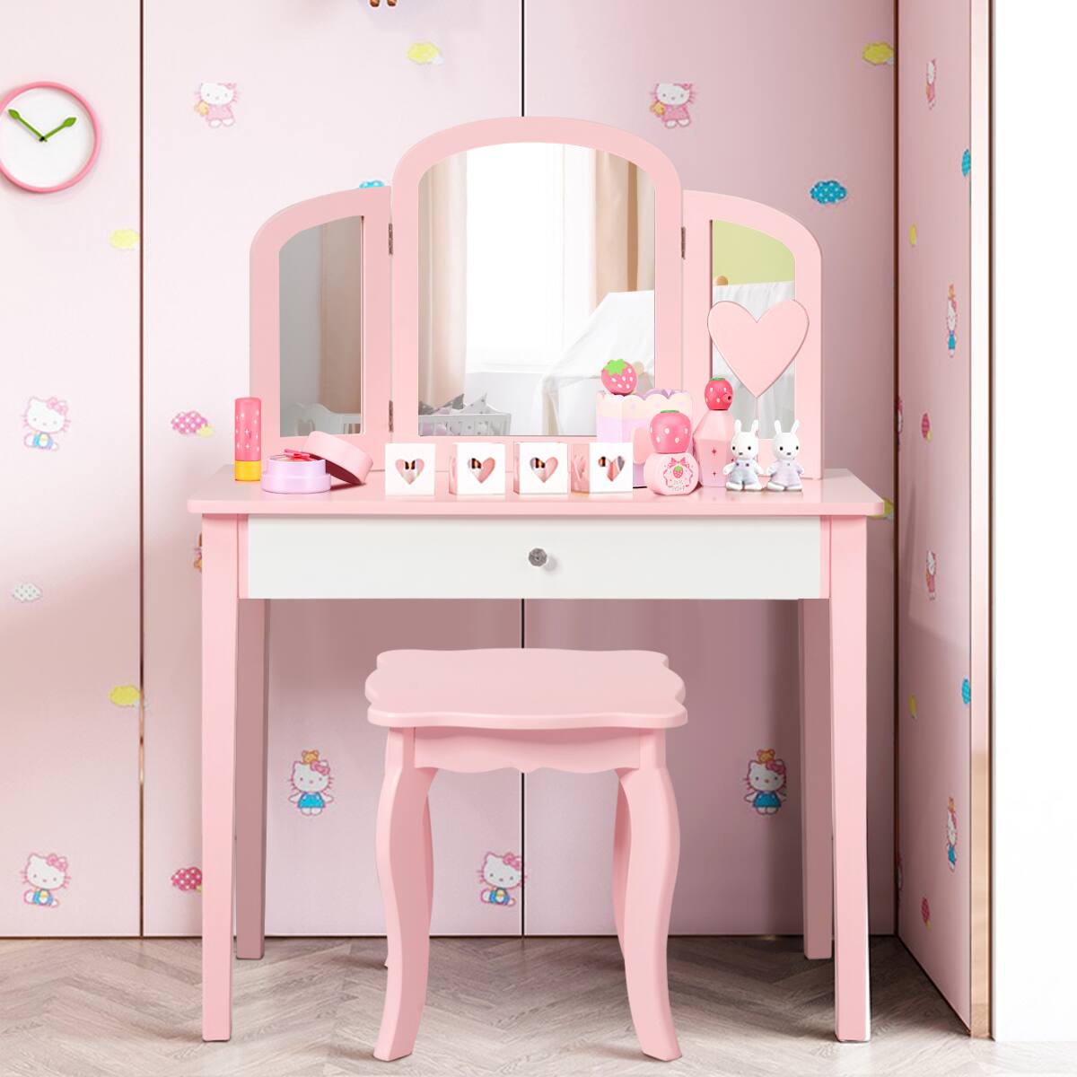 Alt View 1. Costway - Costway Kids Vanity Set Princess Makeup Dressing Play Table Set W/Mirror - Pink.