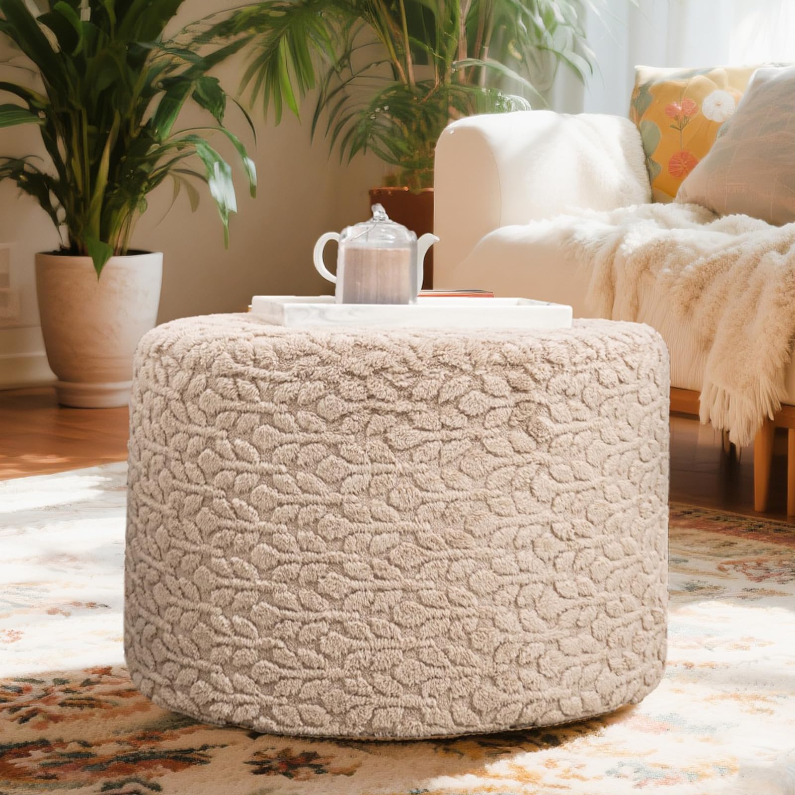 JETRANSPORT - Round Pouf Ottoman 20 X 14 Inches Boho Poof Home Decor Floor Pouffe Foot Rest For Couch Sofa Bean Bag - Light Coffee
