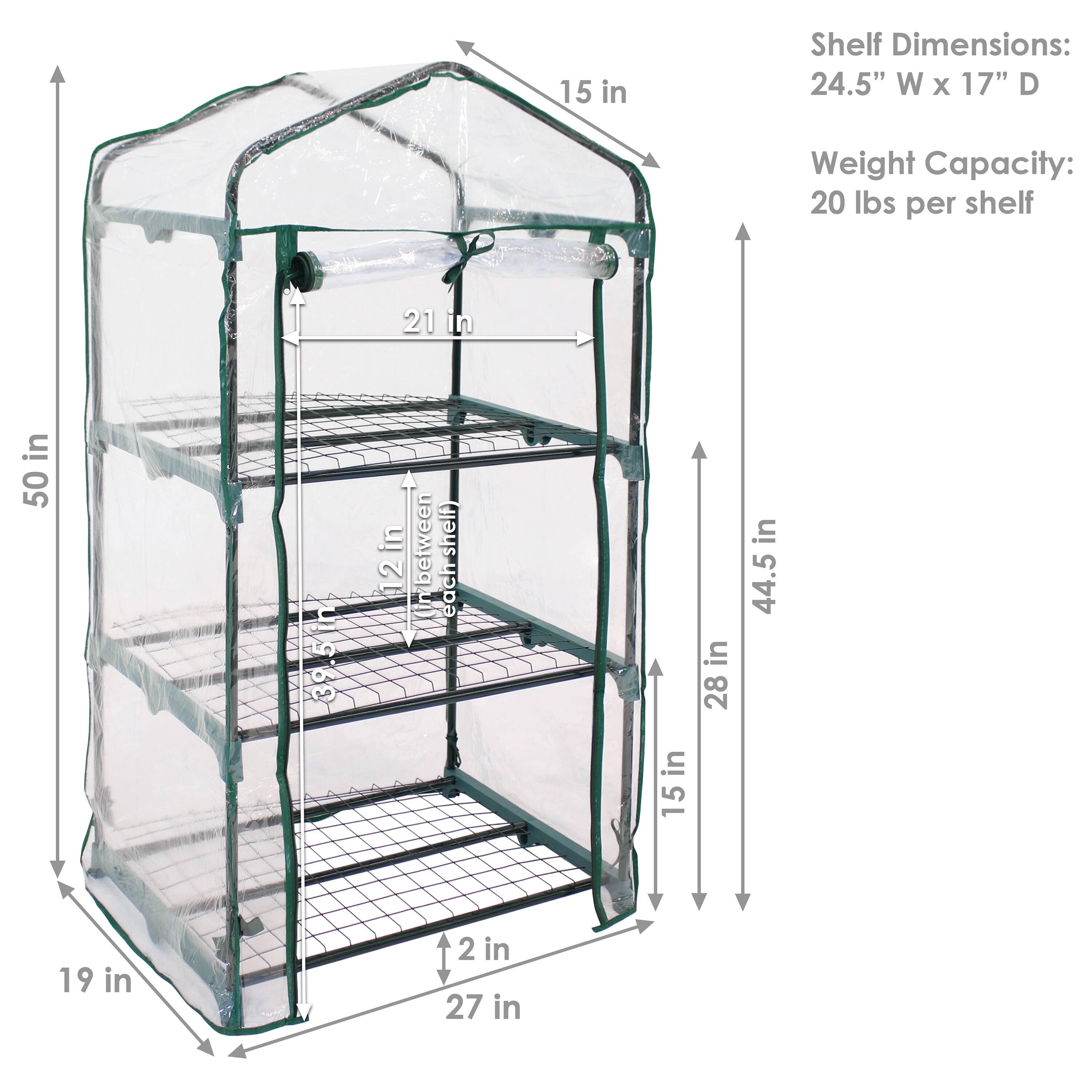 Shelf Dimensions: 24.5" W x 17" D  
Weight Capacity: 20 lbs per shelf  

Height: 50 in  
Width: 27 in  
Depth: 19 in  

Shelf Spacing: 12 in  
Total Height: 44.5 in  

Front to Back: 21 in  
Side to Side: 15 in  

Bottom to Top: 28 in