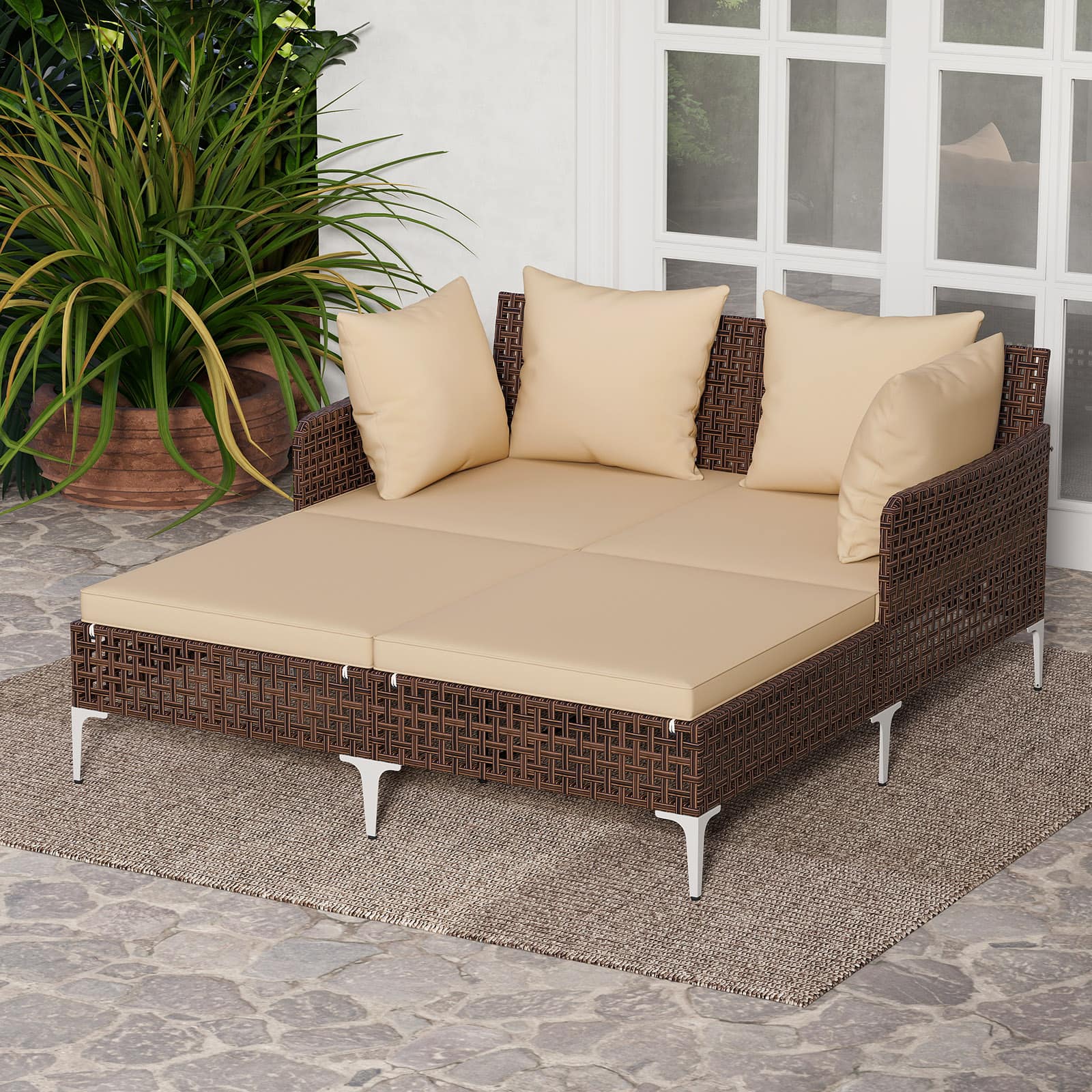 Gymax - Outdoor Rattan Double Daybed Wicker Chaise Lounge for 2 w/ Seat & Back Cushions Brown - Beige price history on PriceWatchPro