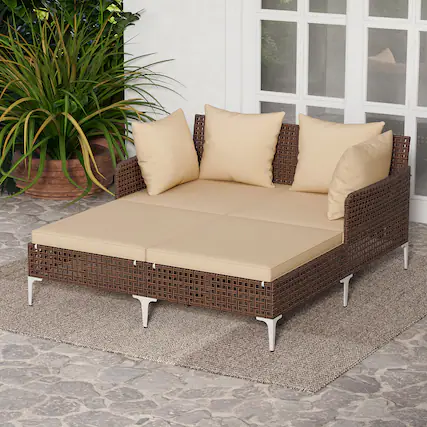 Front. Gymax - Gymax Outdoor Rattan Double Daybed Wicker Chaise Lounge for 2 w/ Seat & Back Cushions Brown - Beige.