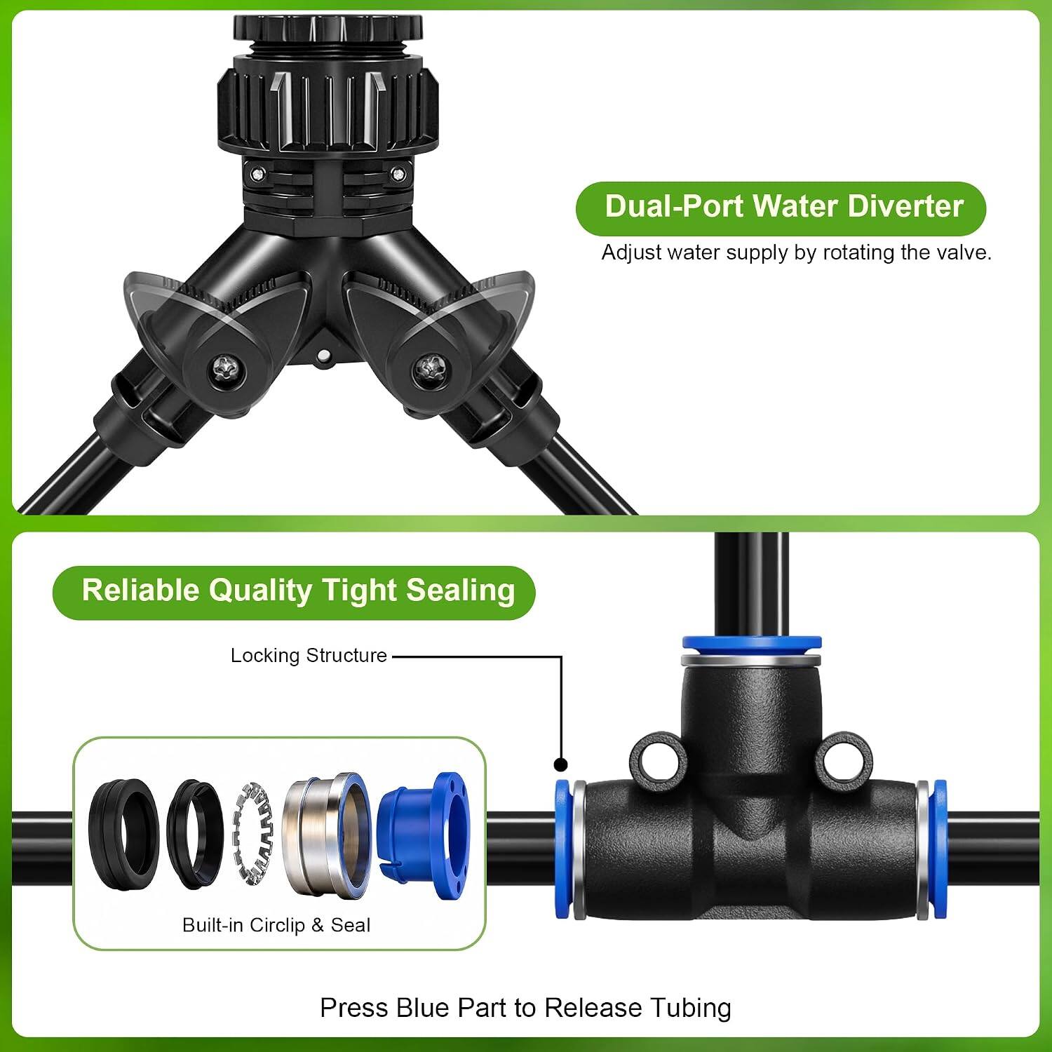 Dual-Port Water Diverter  
Adjust water supply by rotating the valve.  

Reliable Quality Tight Sealing  
Locking Structure  
Built-in Circlip & Seal  
Press Blue Part to Release Tubing