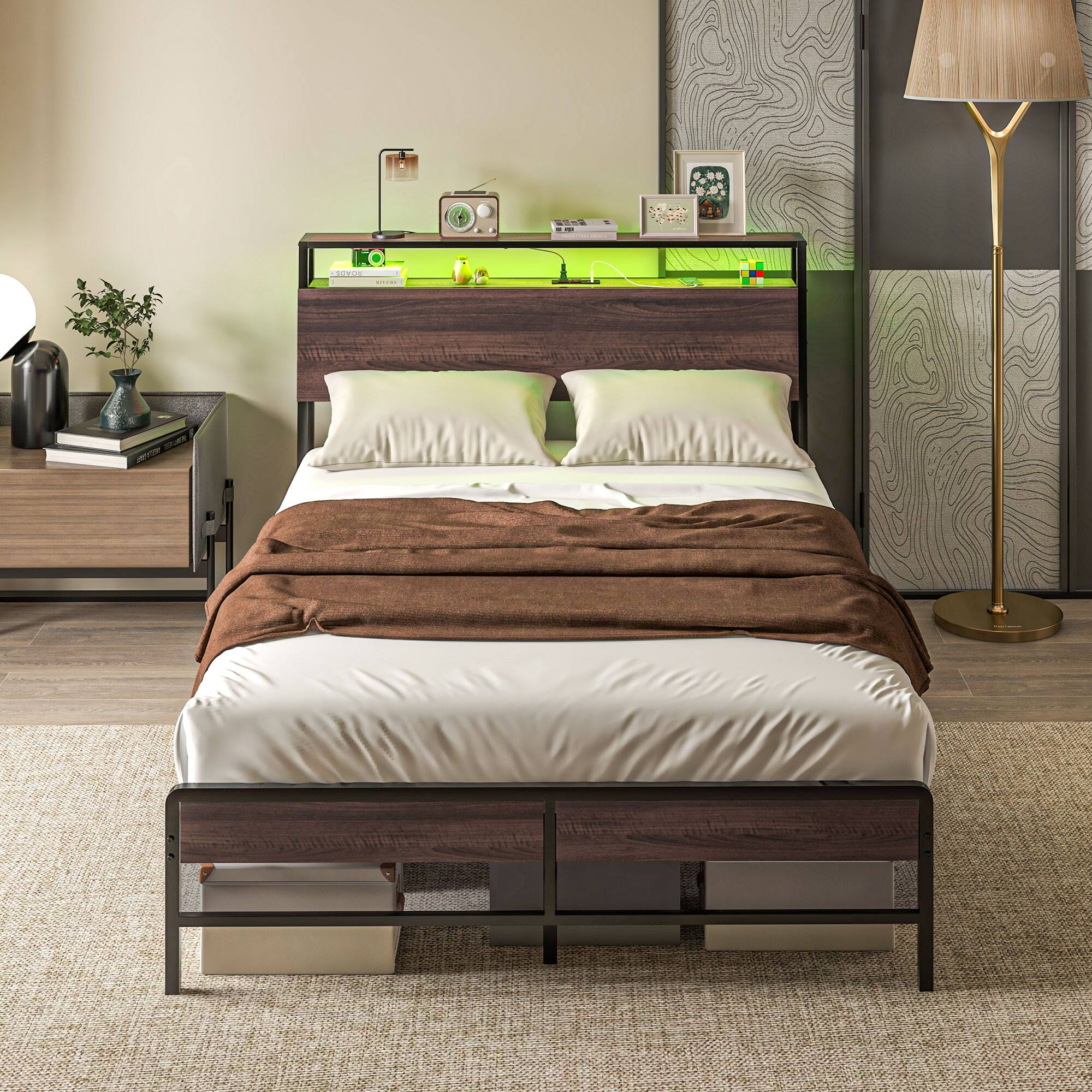 Alt View 1. Homcom - Full Size Bed Frame with Headboard, Platform Bed Frame with LED Lights, Charging Station, 3-Tier Storage Shelf - Walnut.