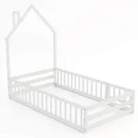 Costway Twin Size Montessori Floor Bed for Toddler with Lockable Door Full-Length Guardrail - White - Front_Zoom