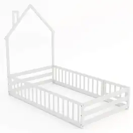 Costway - Twin Size Montessori Floor Bed for Toddler with Lockable Door Full-Length Guardrail - White