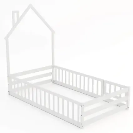Front. Costway - Twin Size Montessori Floor Bed for Toddler with Lockable Door Full-Length Guardrail - White.