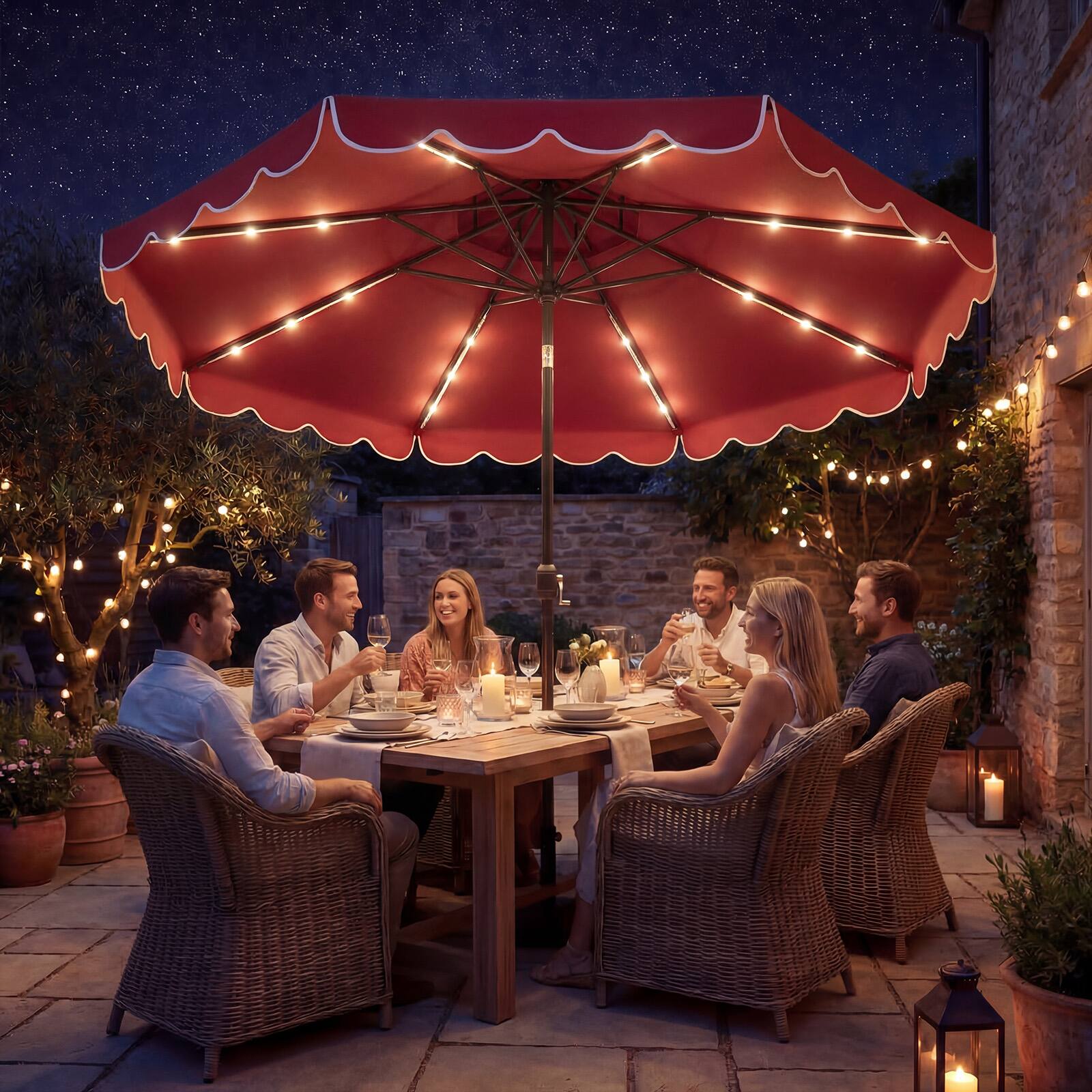 Alt View 4. Costway - Costway 10 FT Solar LED Patio Umbrella, Push-Button Tilt & Crank, 24 LED Lights & 8 Ribs - Red.