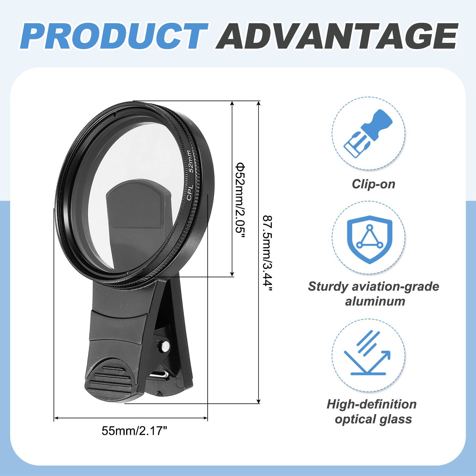 PRODUCT ADVANTAGE

- 52mm / 2.05"
- 87.5mm / 3.44"
- 44"
- Clip-on
- Sturdy aviation-grade aluminum
- 55mm / 2.17"
- High-definition optical glass