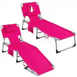 Costway - 2 PCS Outdoor Beach Lounge Chair Folding Chaise Lounge with Pillow - Pink