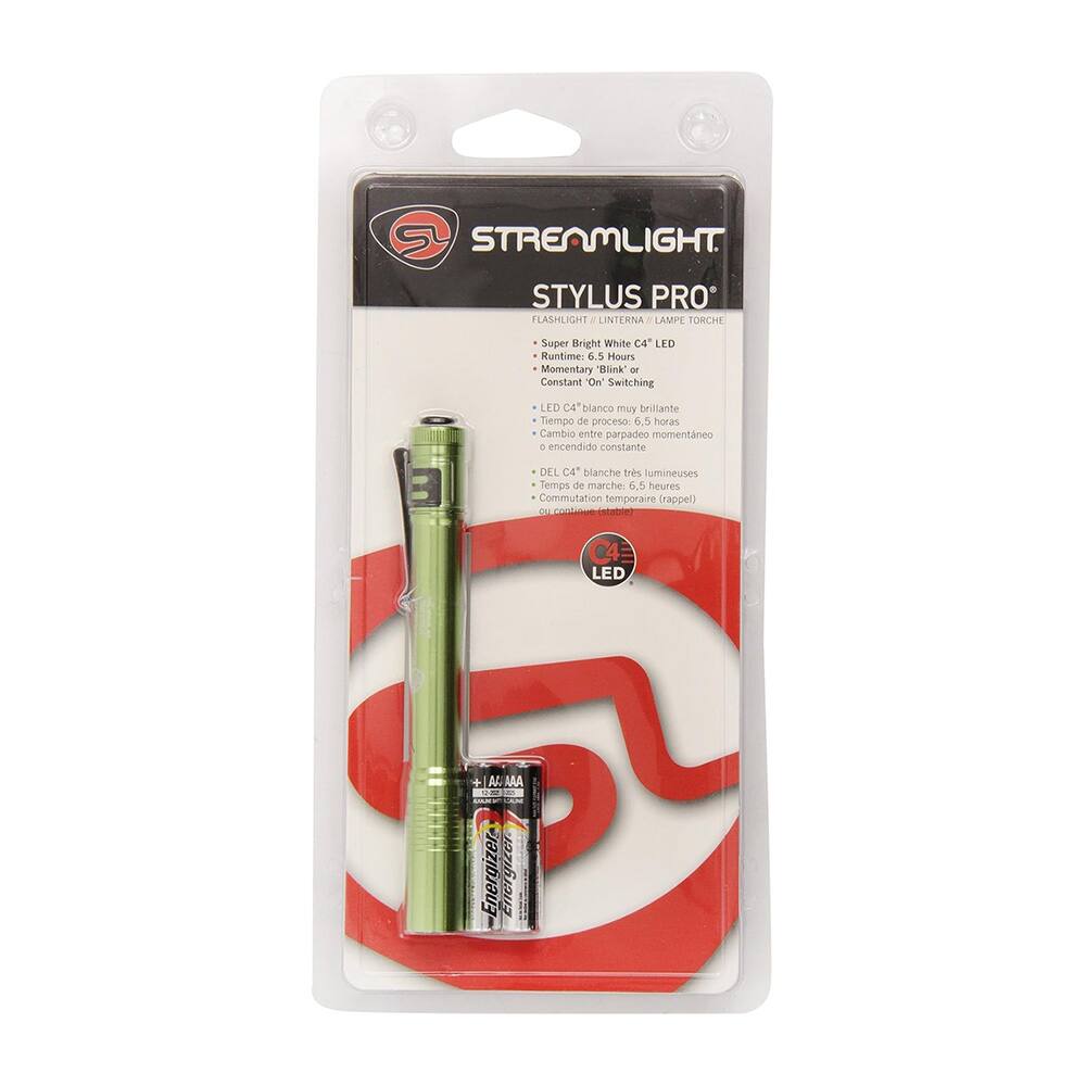 STREAMLIGHT. STYLUS PRO FLASHLIGHT LINTERNA / LAMPE TORCHE Super Bright White C4" LED Runtime: 6.5 Hours Momentary "Blink" or Constant "On" Switching LED CA blanco muy brillante Tiempo de proceso 6.5 horas Cambio entre parpadeo momentaneo 4 encendido constante DEL C4 blanche trs lumineuses Temps de marche: 6.5 heures Commutation temporaire (rappe) ou C4 LED + 2 AA Energizer