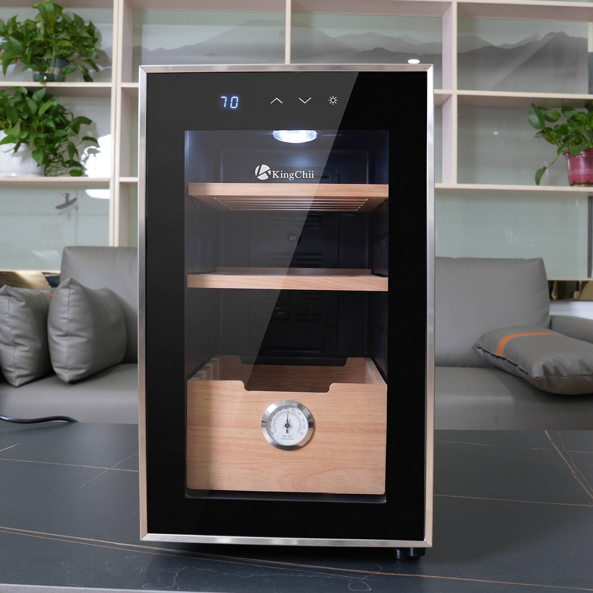 Alt View 4. KingChii - 23L Thermoelectric Cigar Humidor Storage Cabinet with Temp Control, Spanish Cedar Shelves and Hygrometer(150 Capacity) - Black.