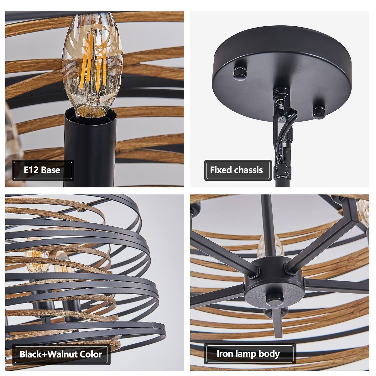 E12 Base  
Fixed chassis  
Black+Walnut Color  
Iron lamp body