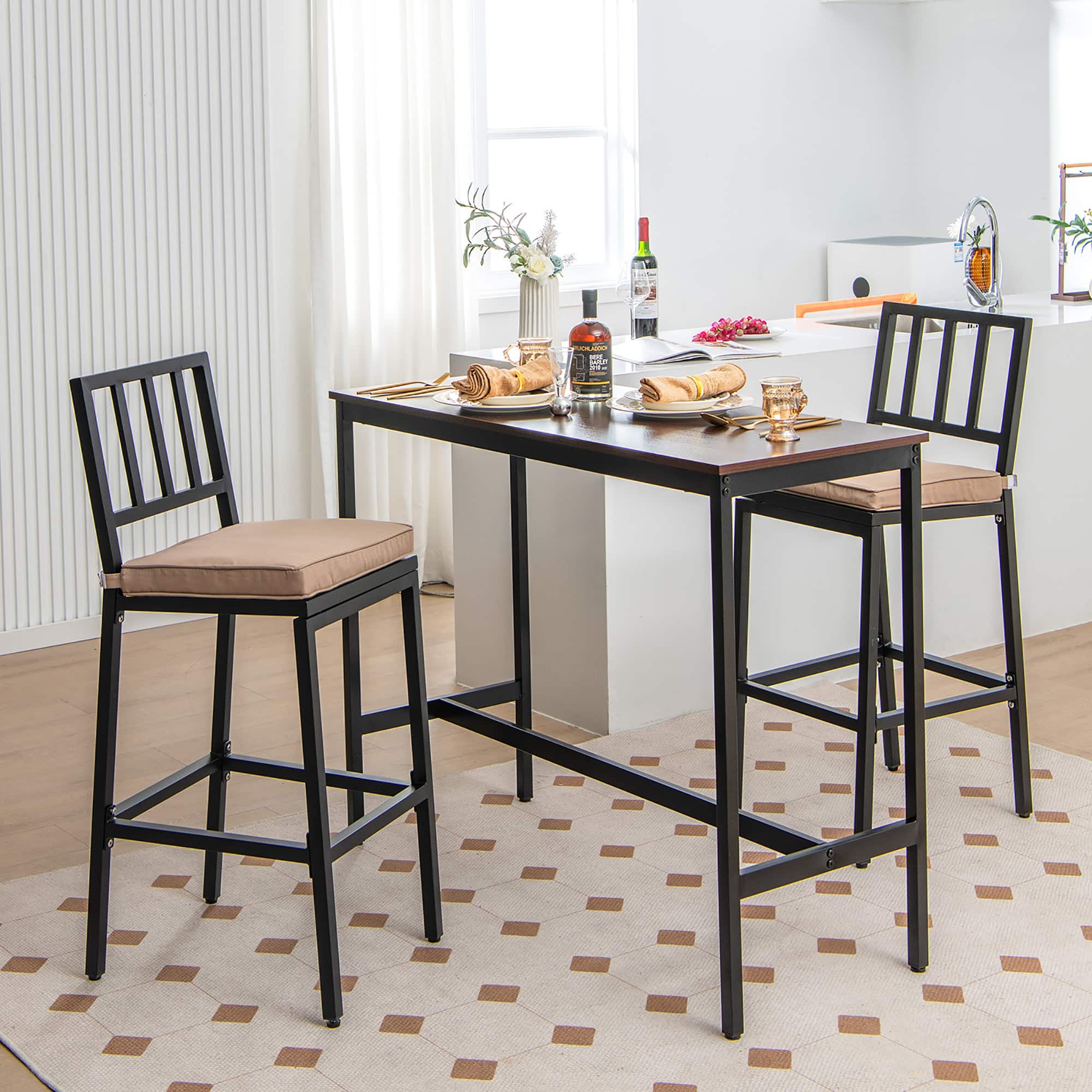 Back. Costway - Set of 2 Patio Metal Bar Stools Outdoor Bar Height Dining Chairs with Cushion - Black + Beige.