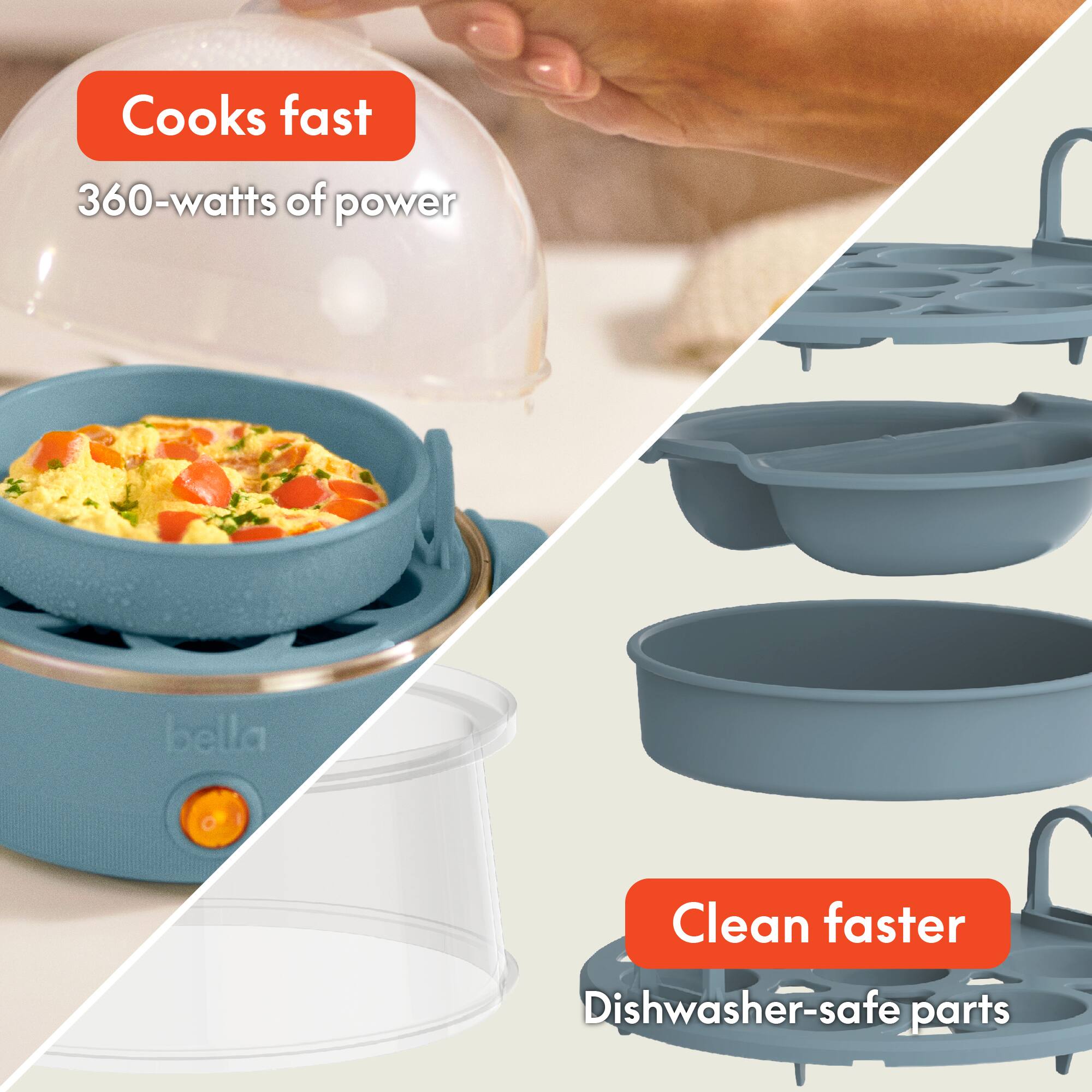 Cooks fast  
360-watts of power  

Clean faster  
Dishwasher-safe parts