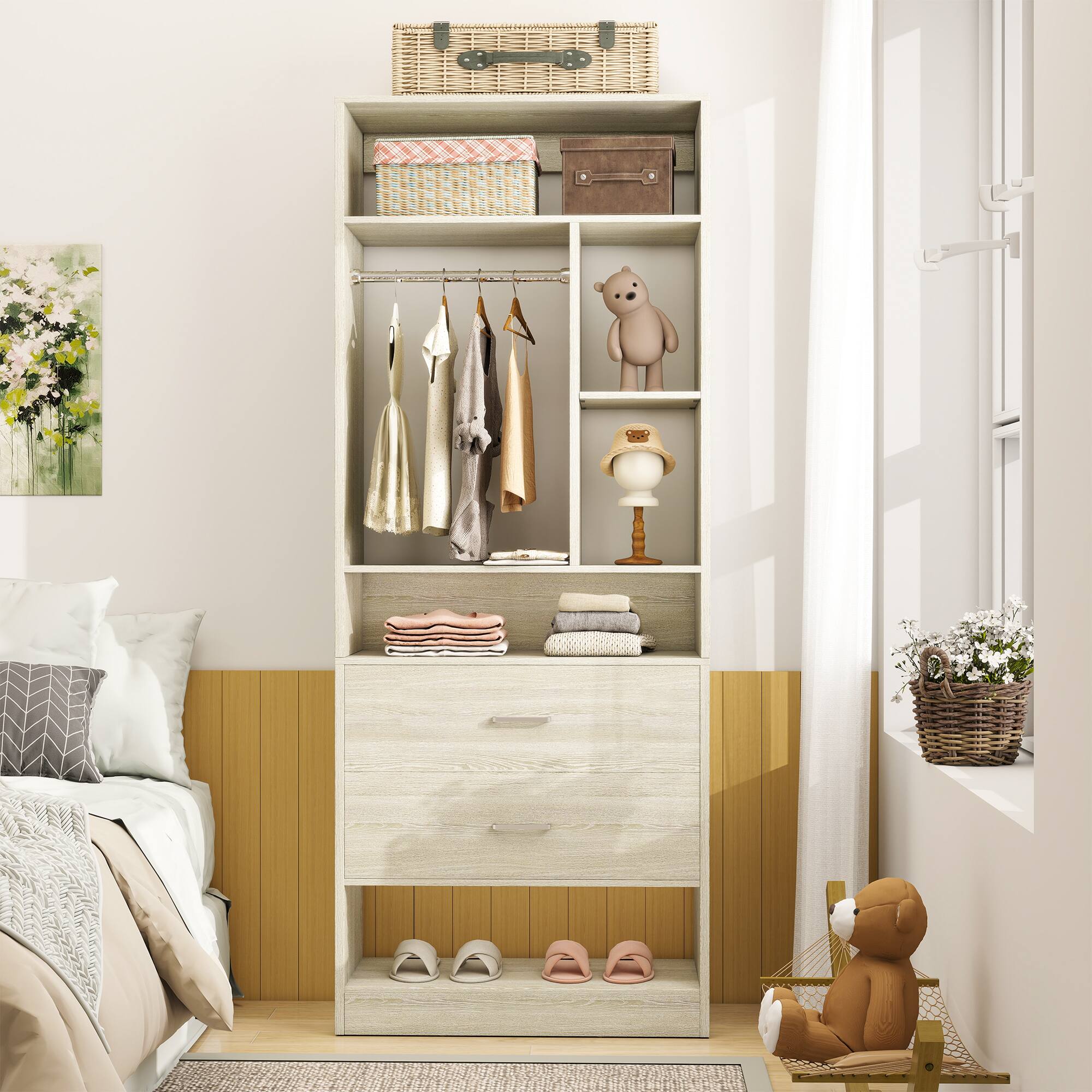 Back. Aheaplus - 4FT Closet Organizer with 4 Drawers, 10+ Shelves & 2 Rods – Set of 2 (48" L x 15" W x 80" H) - White Oak.