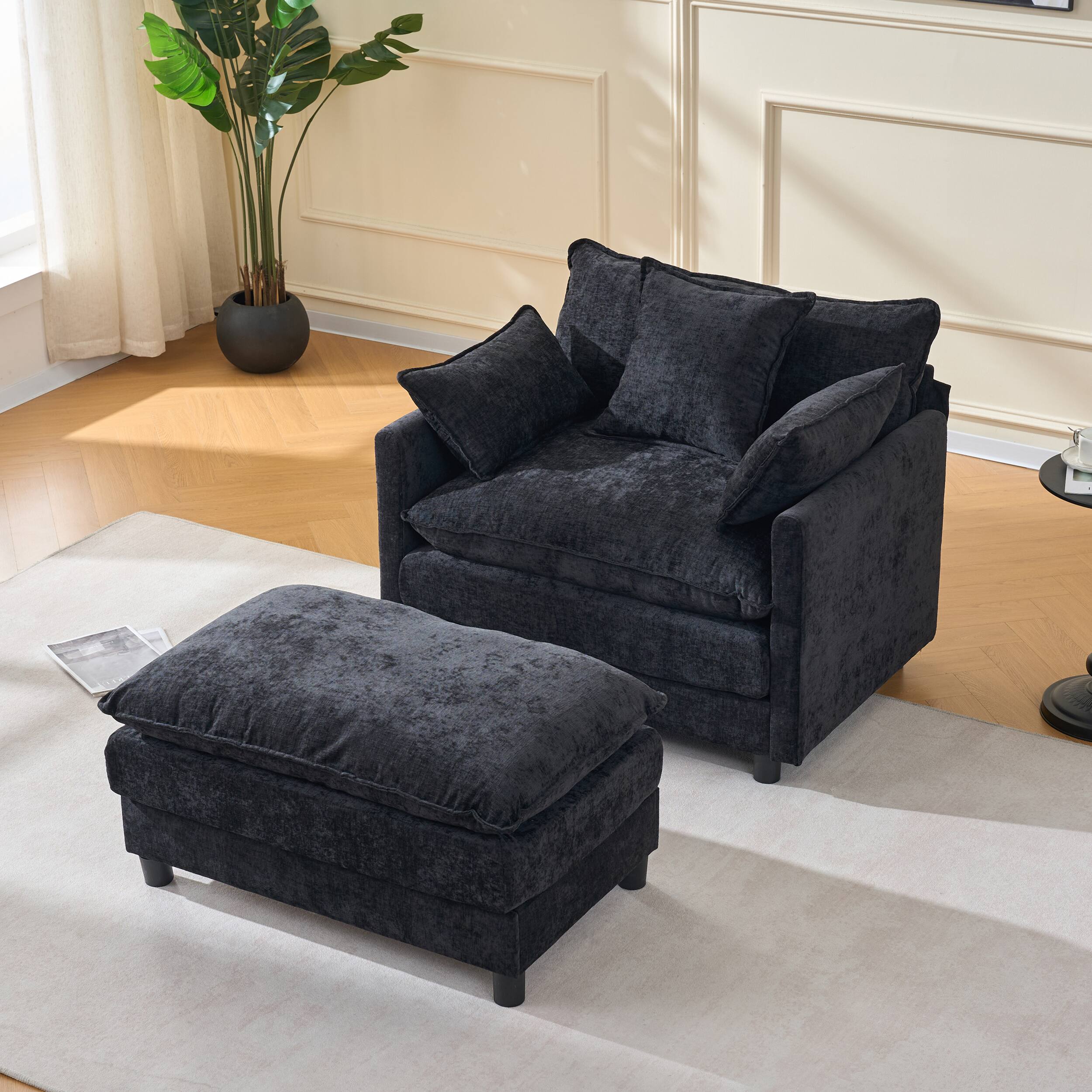 Alt View 1. Meqiodas - 39.4" Modern Accent Chair with Ottoman, Living Room Club Chair Chenille Upholstered Armchair , Reading Chair for Bedroom - Black.