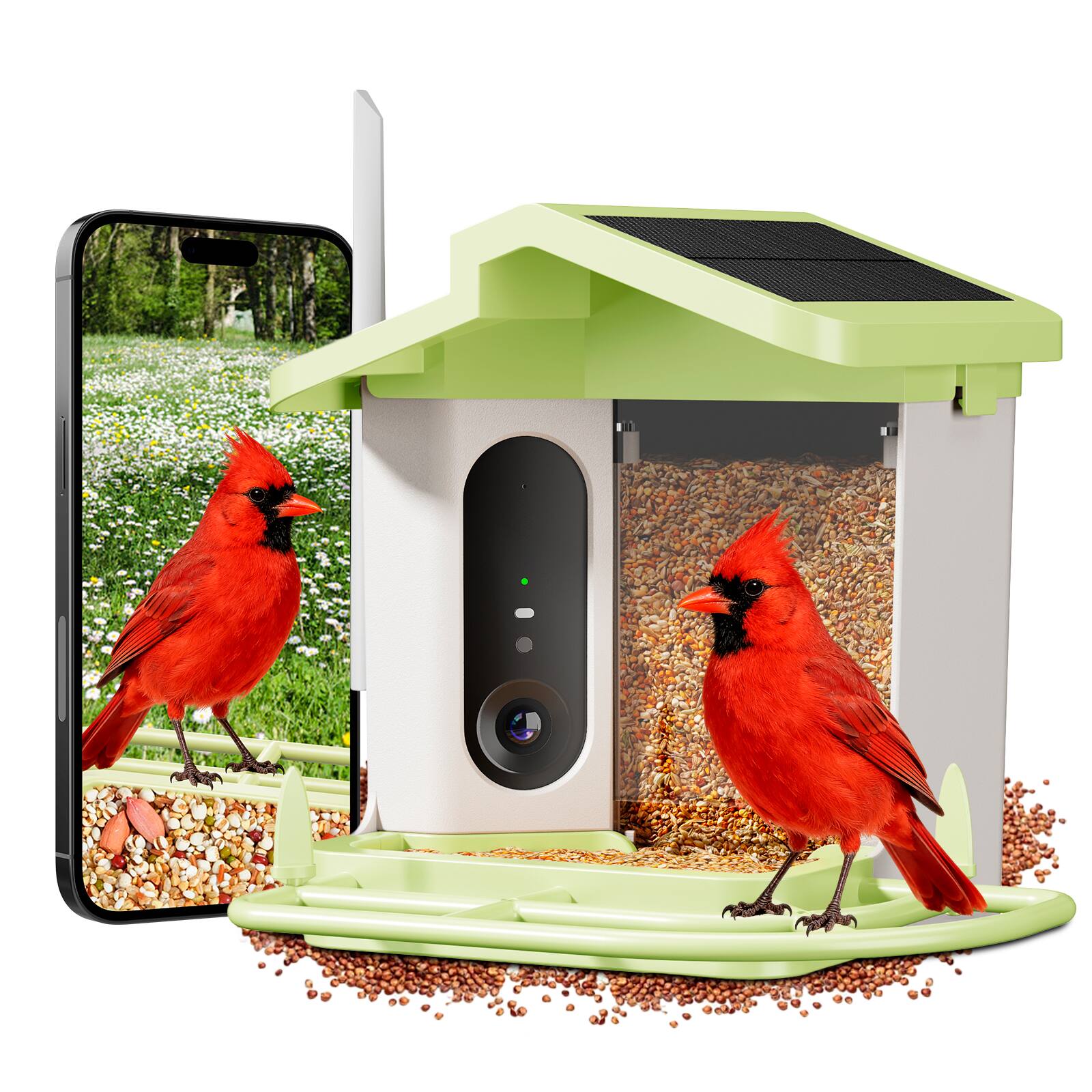 Alt View 8. Thymix - Smart Bird Feeder with Camera, 4K Night Vision, AI Bird ID, Low Food Alert, Solar Panel, Squirrel Deterrent - Green - Green.