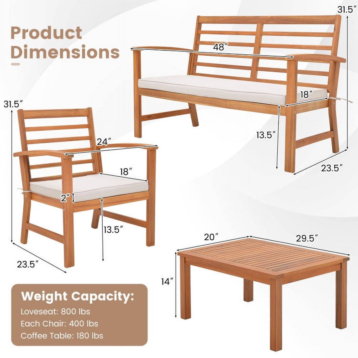 Product Dimensions:

- Loveseat: 48" W x 31.5" H x 18" D
- Chair: 24" W x 31.5" H x 18" D
- Coffee Table: 29.5" W x 20" D x 14" H

Weight Capacity:

- Loveseat: 800 lbs
- Each Chair: 400 lbs
- Coffee Table: 180 lbs