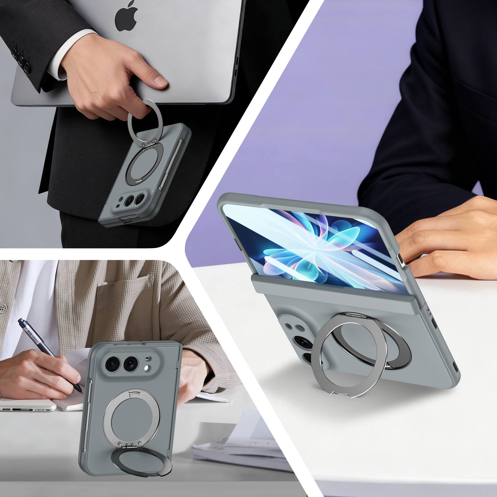 Left. Dteck - For Apple iPhone Duo Rugged Case With Screen Protector, Shockproof Magnetic Ring Stand Hinge Protection Cover - Gray.
