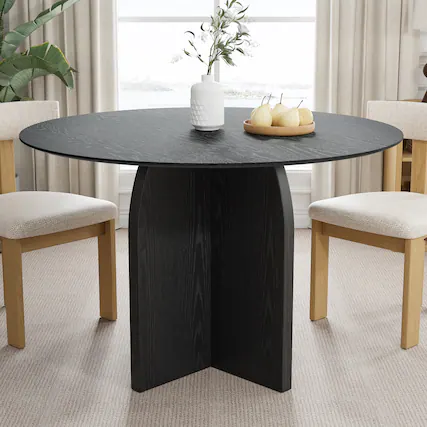 Front. Lirago - 45in. Arched Leg Round Dining Table Black Finish Solid Wood Timeless Style,Seats 7 People - Black.