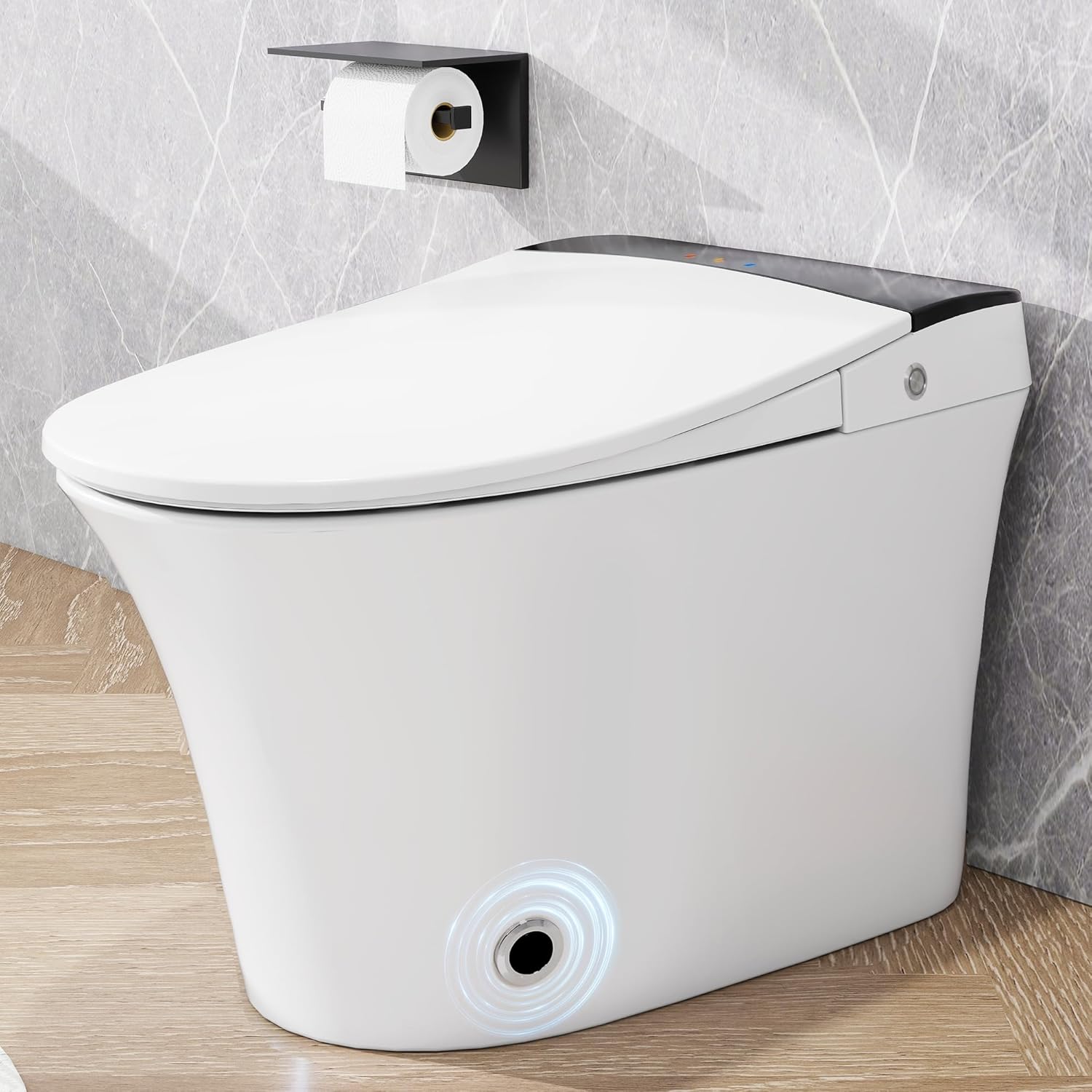 Front. MOOSOO - Smart Toilet Bidet Combo with Self-Cleaning,Foot sensor Flush,Upmarket Compact Dual Flush Tank less 1/1.28 GPF - White.