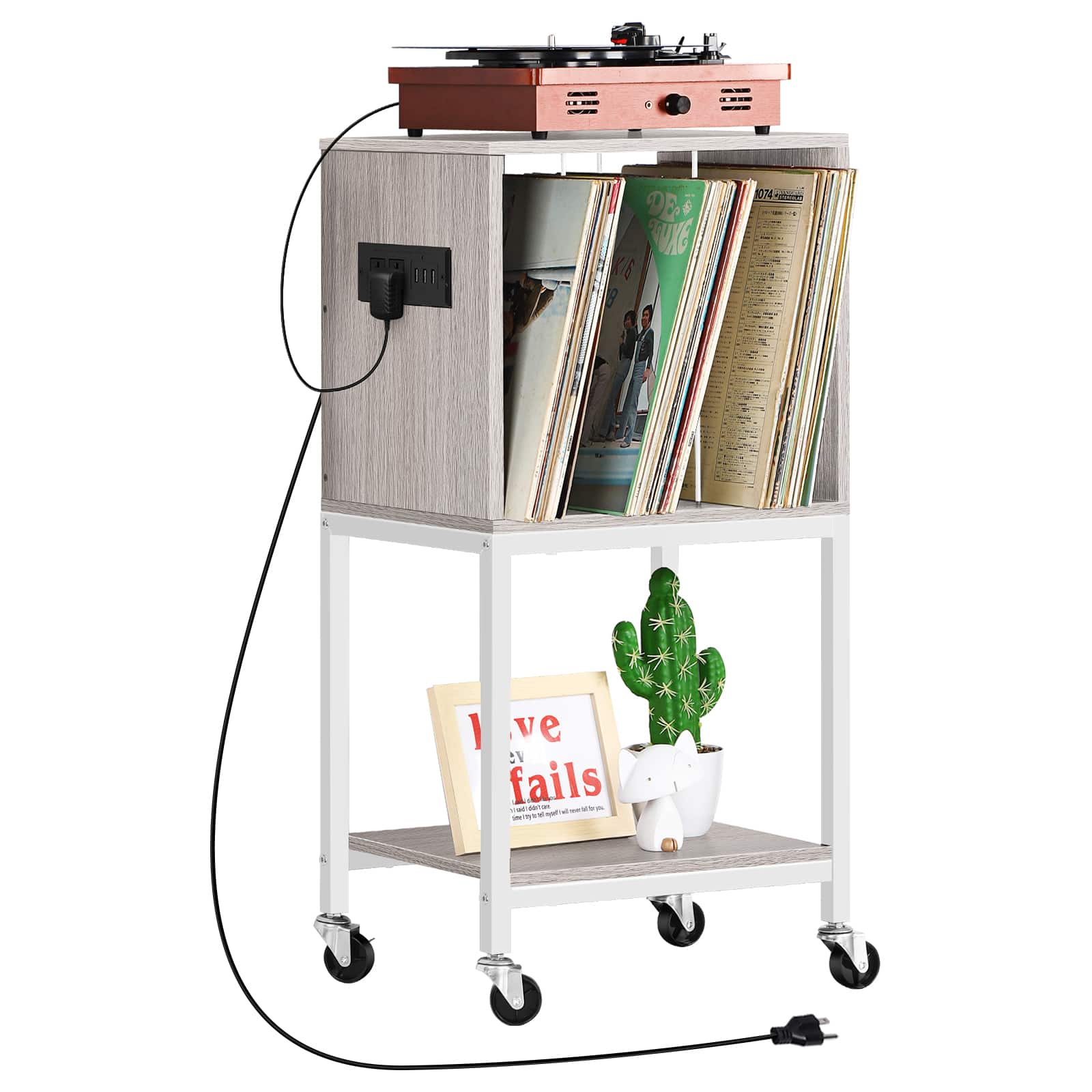 Oumilen - Mobile Turntable Stand with Charging Station & Vinyl Storage - Gray