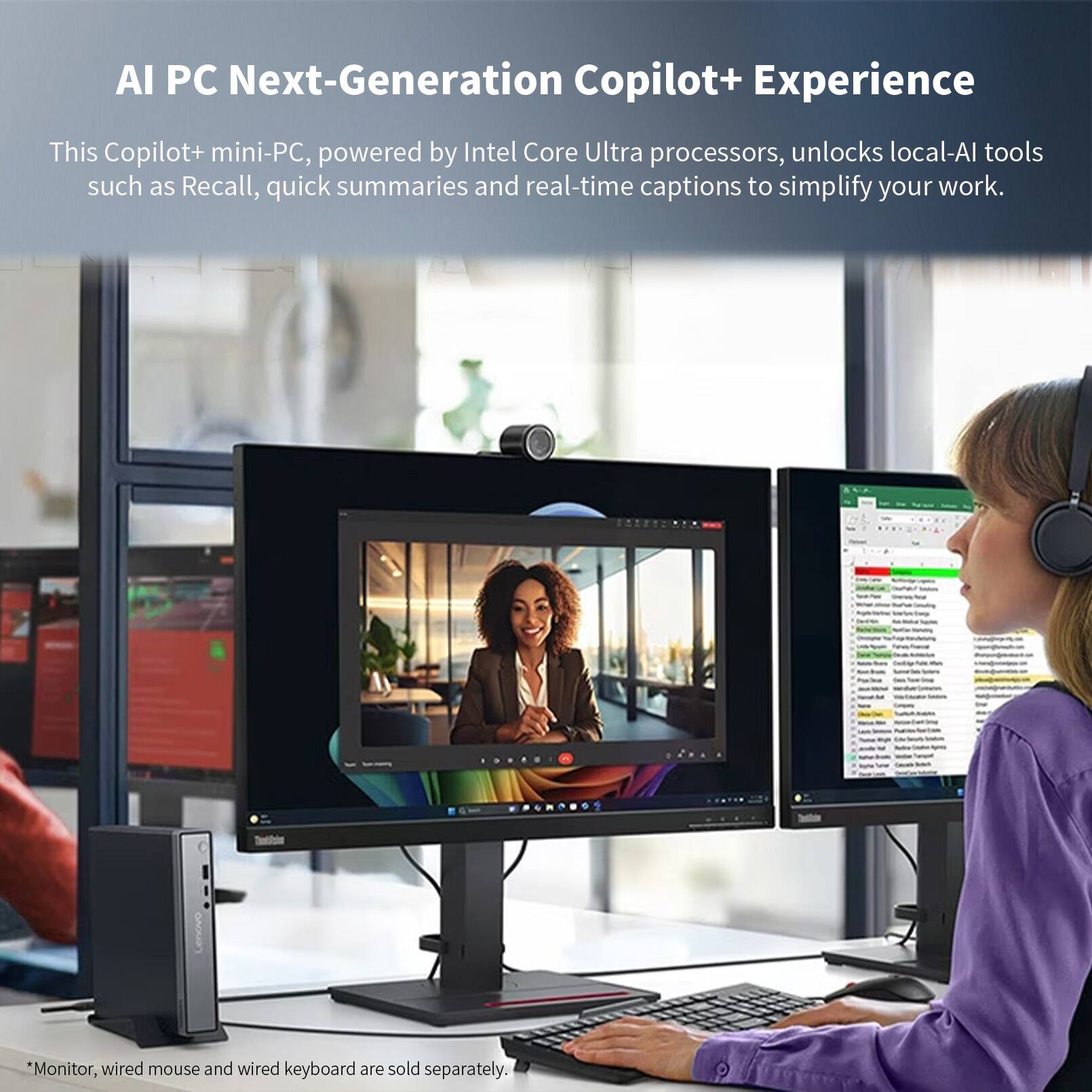 AI PC Next-Generation Copilot+ Experience

This Copilot+ mini-PC, powered by Intel Core Ultra processors, unlocks local-AI tools such as Recall, quick summaries and real-time captions to simplify your work.

*Monitor, wired mouse and wired keyboard are sold separately.