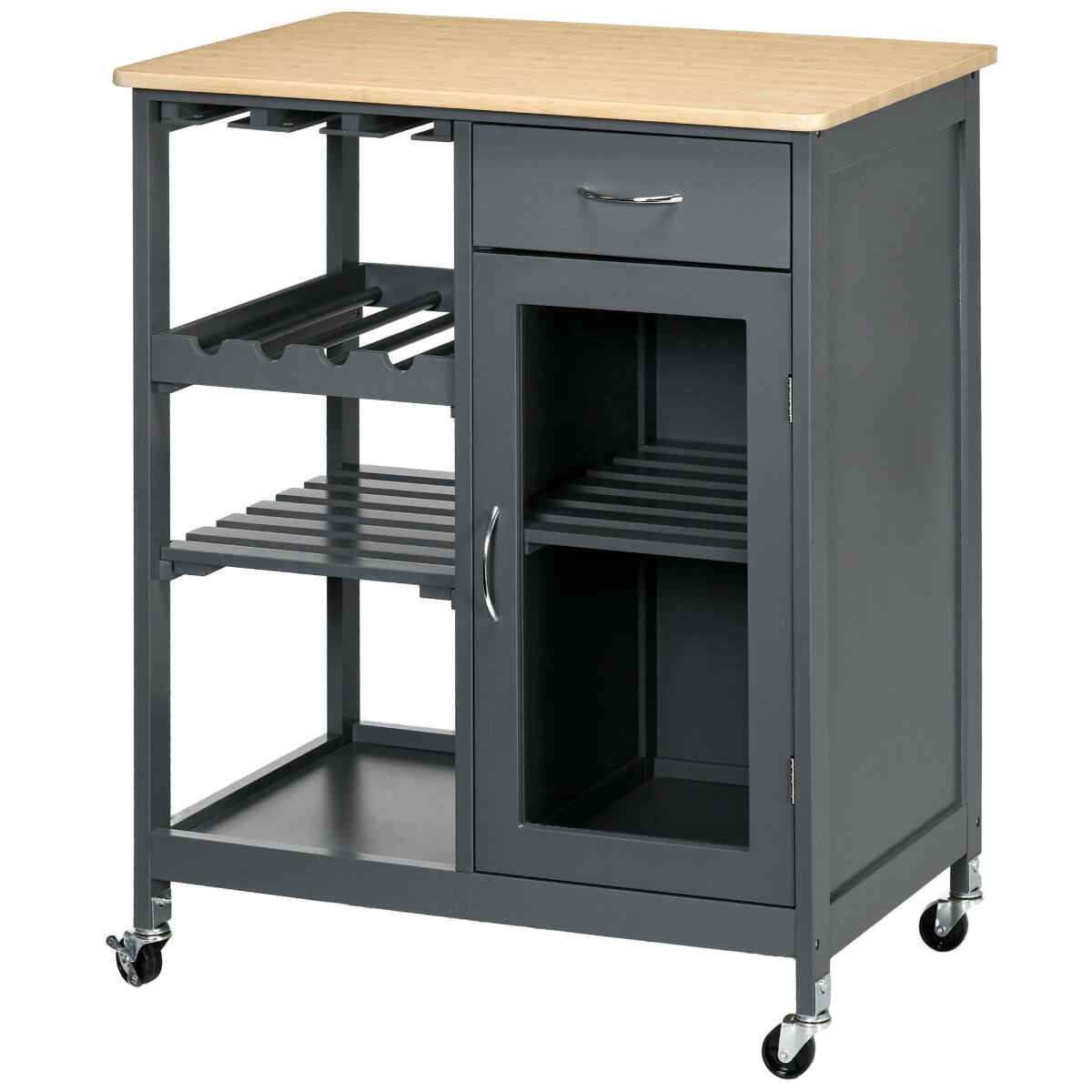 Alt View 6. Loheer - Loheer Rolling Kitchen Island with Storage Grey Kitchen Cart with Wine Rack Bamboo Top - Grey.