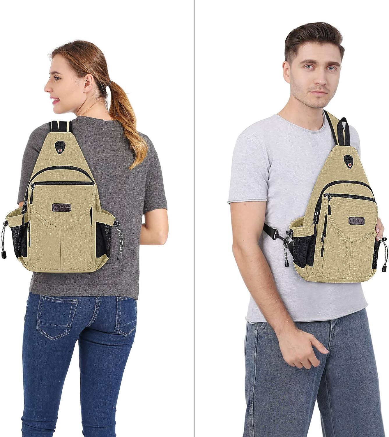 Alt View 3. mosiso - Sling Backpack Canvas Crossbody Hiking Daypack Bag with Anti-theft Pocket - Khaki.