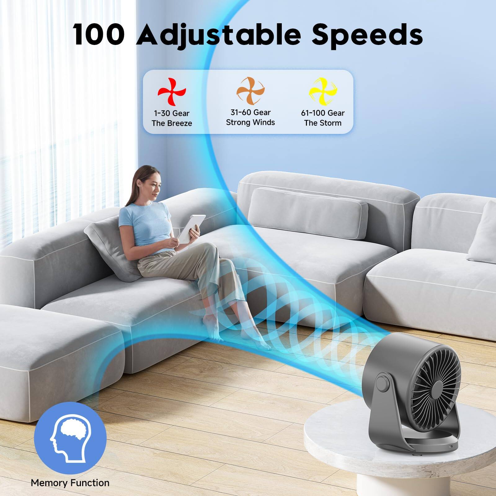 100 Adjustable Speeds

1-30 Gear The Breeze  
31-60 Gear Strong Winds  
61-100 Gear The Storm

Memory Function