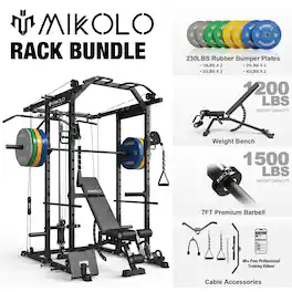 Mikolo - Power Rack Cage, 1500 lbs Weight Rack with Cable Crossover Machine, Multi-Function Squat Rack - Black