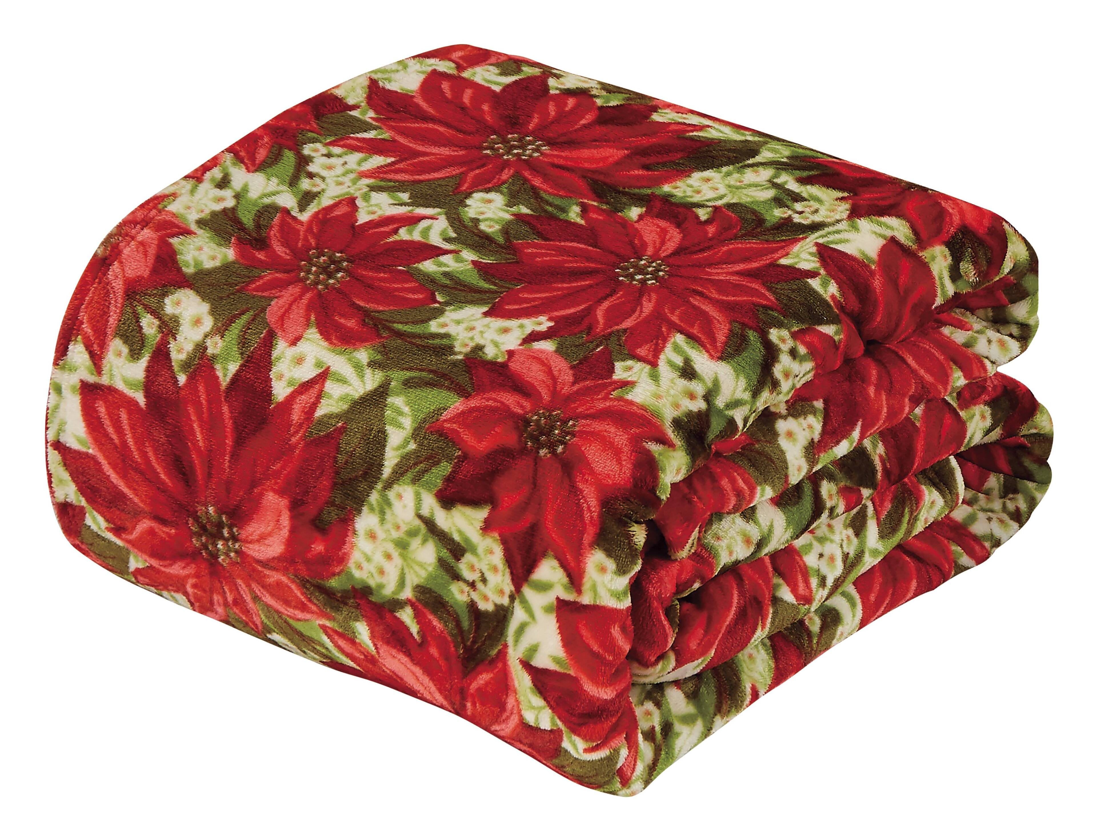 Angle. Noble House - Christmas  Festive and Cheery Holiday Super Soft Ultra Comfy Microplush Throw Blanket 50"x60" - Poinsetta - Poinsetta.