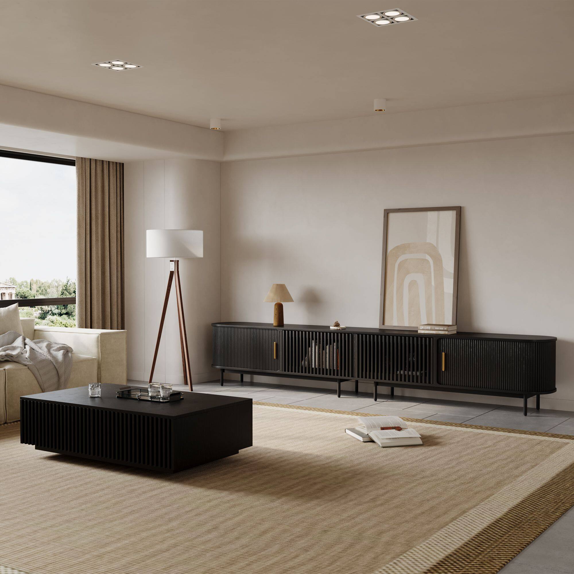 Left. POVISON - 118"Mid-Century Modern Tambour Door TV Stand ,Black - Black.