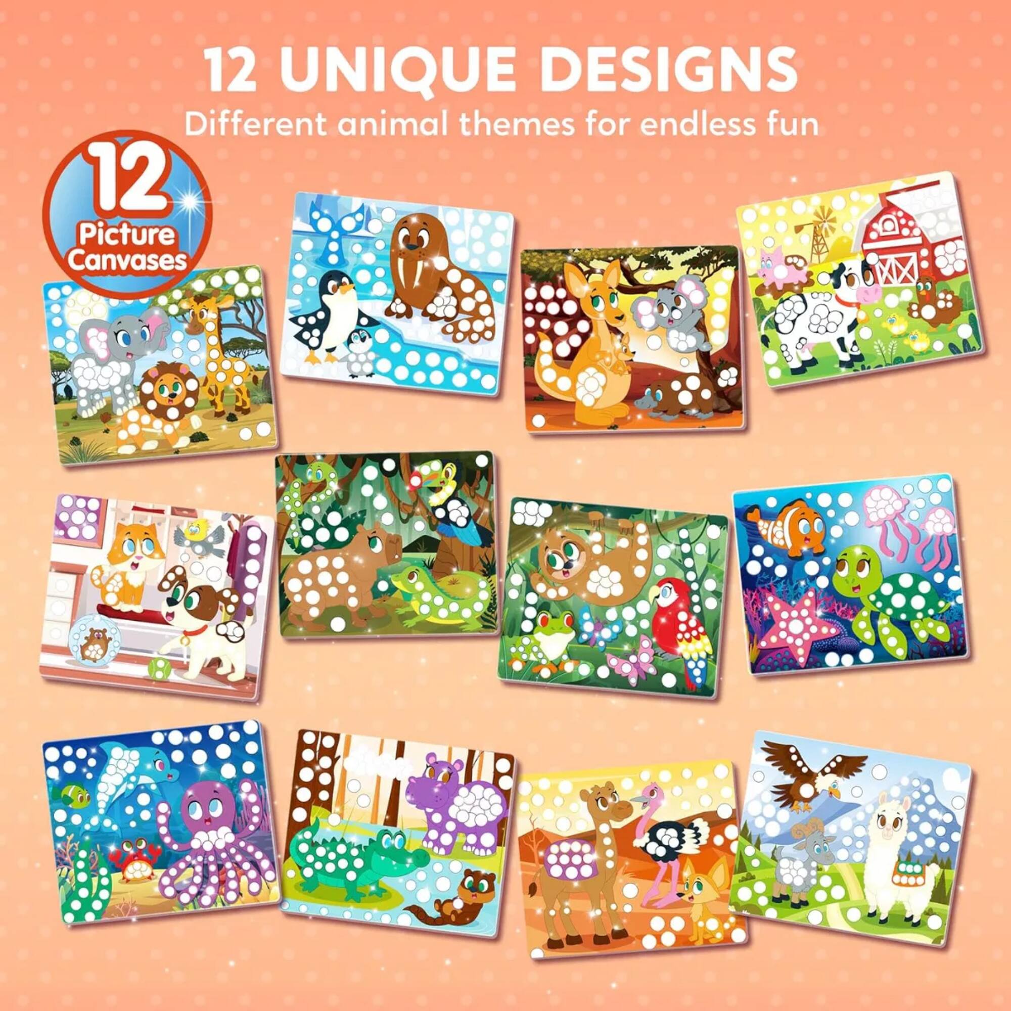 12 UNIQUE DESIGNS  
Different animal themes for endless fun  
12 Picture Canvases