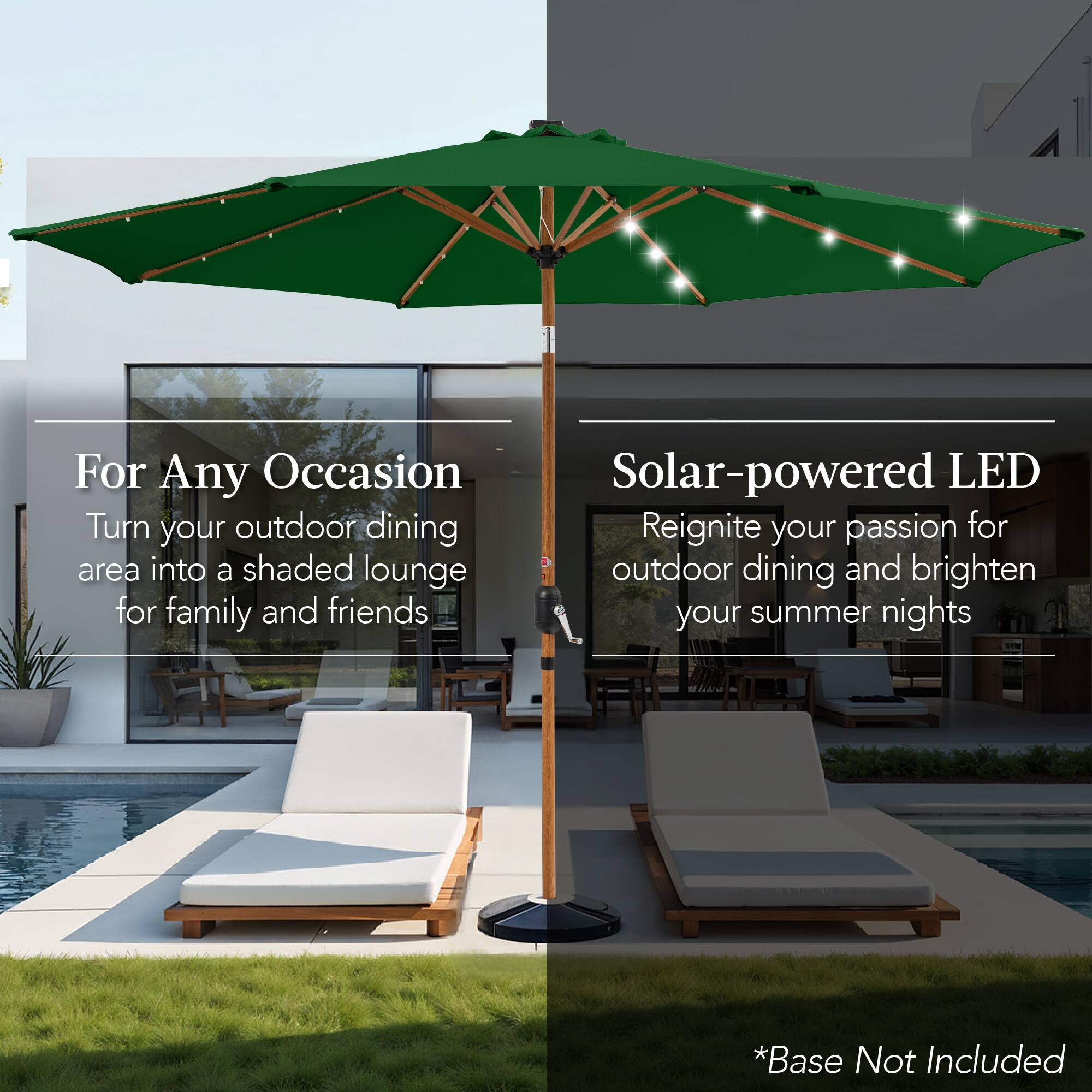 For Any Occasion: Turn your outdoor dining area into a shaded lounge for family and friends. Solar-powered LED: Reignite your passion for outdoor dining and brighten your summer nights. *Base Not Included.