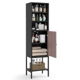 Costway - 57" Bathroom Tall Cabinet with 1 Door and 4 Shelves Freestanding Floor Cabinet - Black